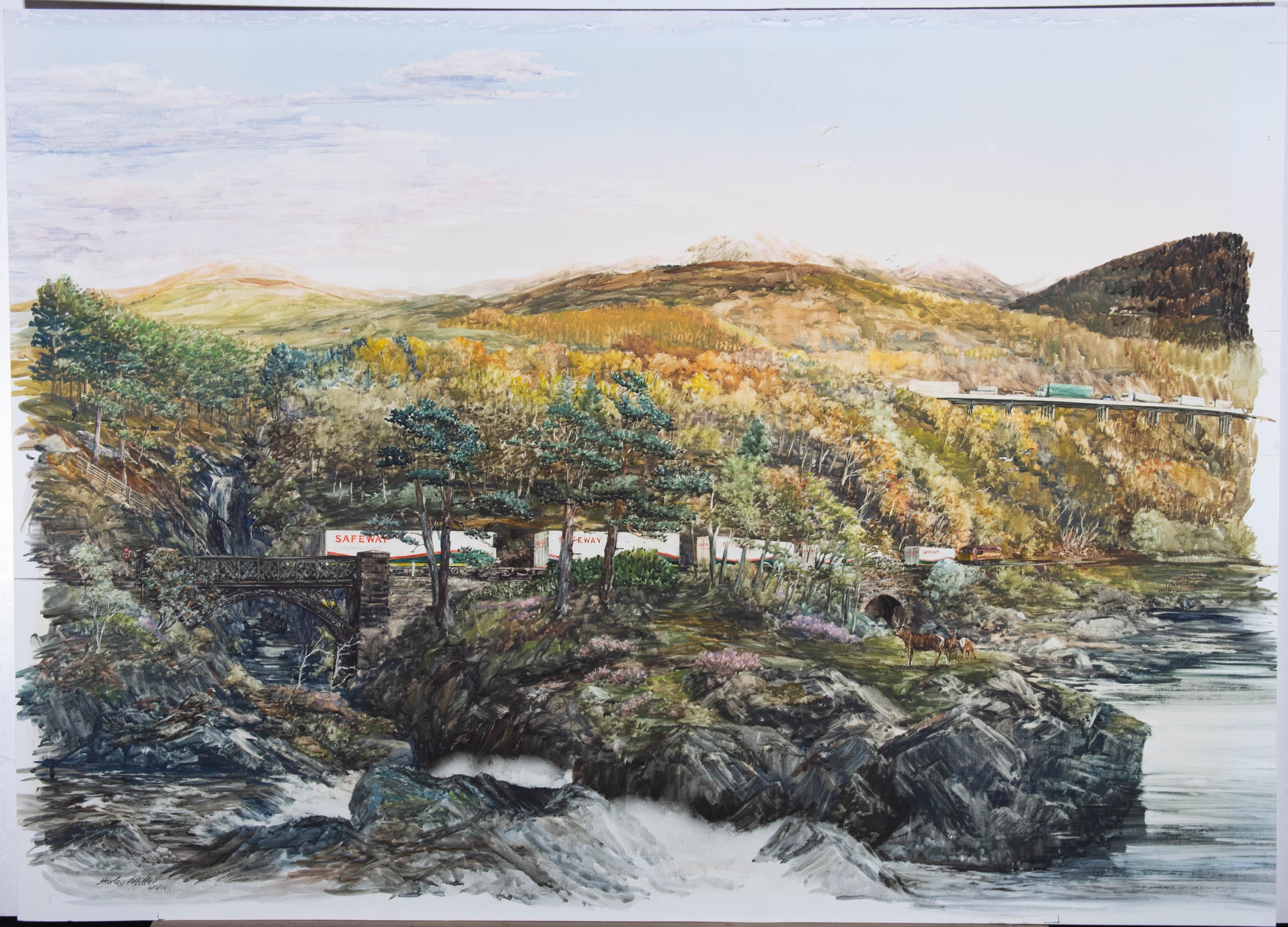 A Scottish landscape depicting a Safeway freight train crossing an old bridge and travelling past water and mountains. Heather and a stag can be seen in the foreground. Signed and dated to the lower-left edge. On wove.
