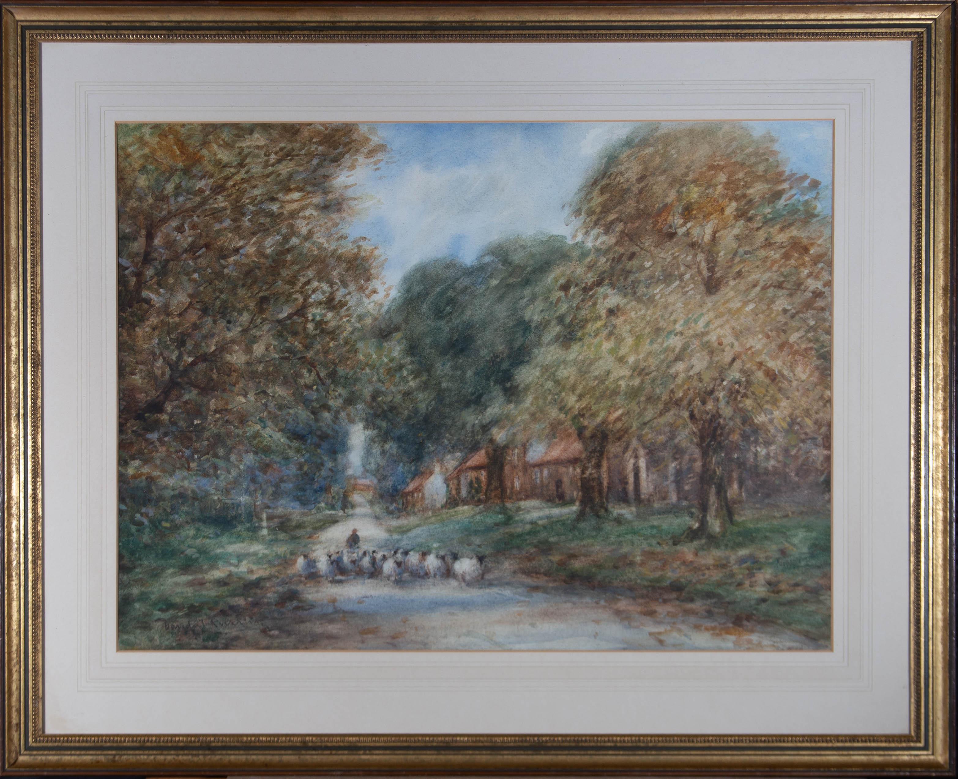 A large landscape featuring a shepherd herding sheep down a rural path. Presented glazed in a wash line mount and a gilt-effect wooden frame. Signed indistinctly 'David J[...] R[...]' to the lower-left edge. On watercolour paper.
