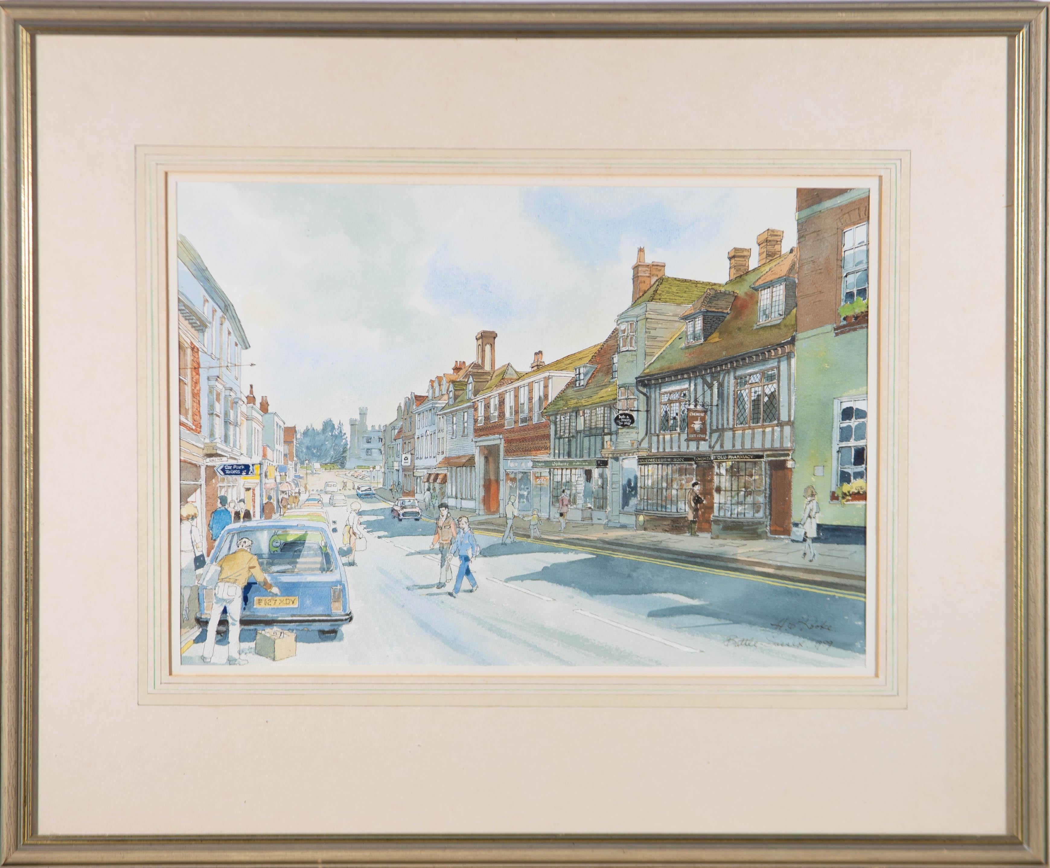 A wonderful original watercolour study by the British artist Chris Rooke, with pen and ink detail. Inscribed with the location to the lower right. Well presented in a double card wash line mount and simple frame. Signed and dated. On watercolour