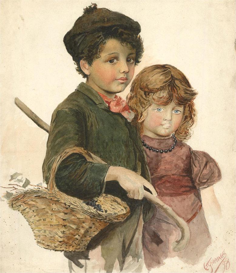 A quaint and charming portrait of a young brother and sister, who have just been blackberry picking. The boy carries a basket full of berries in the crook of his arm and a walking stick, used to pull tall branches downwards, under hit. His little