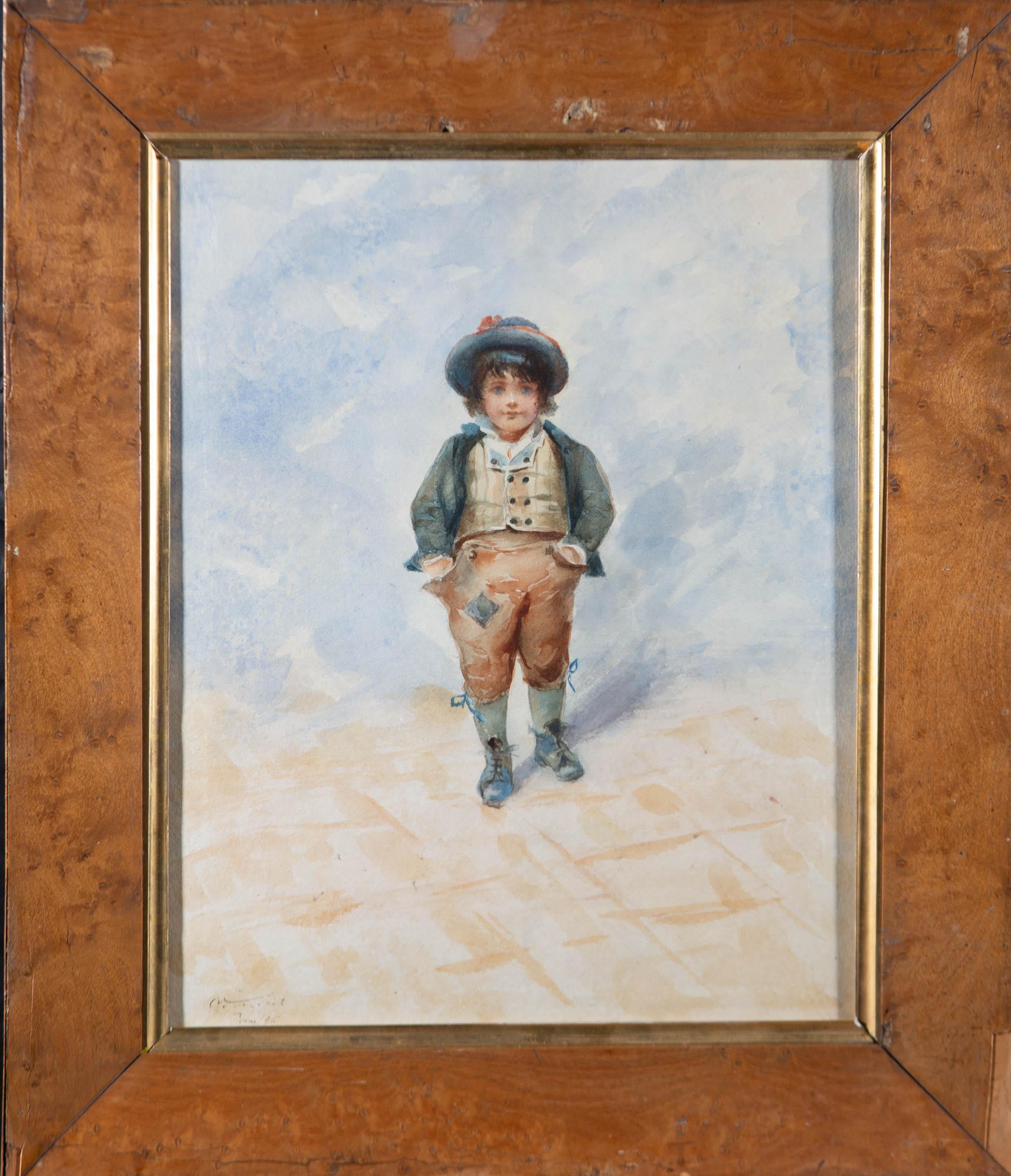 A characterful portrait in watercolour of a young boy wearing a blue hat and brown britches.

The artist has signed faintly and dated to the lower left corner. The painting has been presented in a fine, birds eye maple frame with a gilt inner window