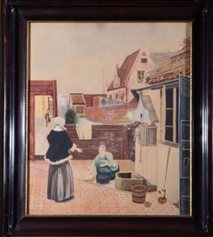 Aquarelle de 1906, signée et encadrée M. Ocks, cour hollandaise