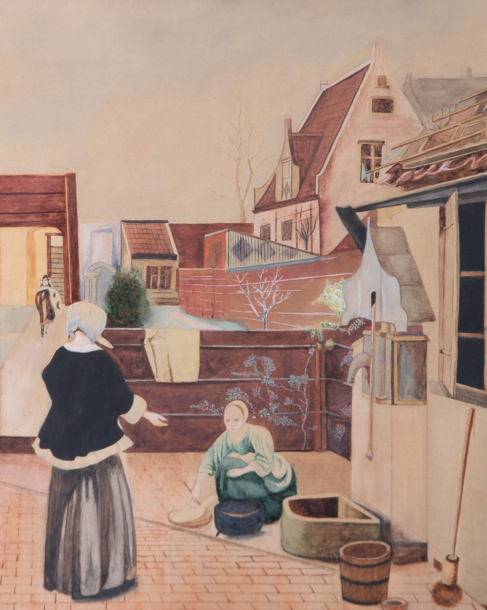 Maids work in a courtyard as a gentleman approaches. This fine watercolour has been neatly completed with a sepia, autumnal palette, giving the artwork a charming wintery ambiance.

The painting is signed and dated in the bottom left-hand corner and