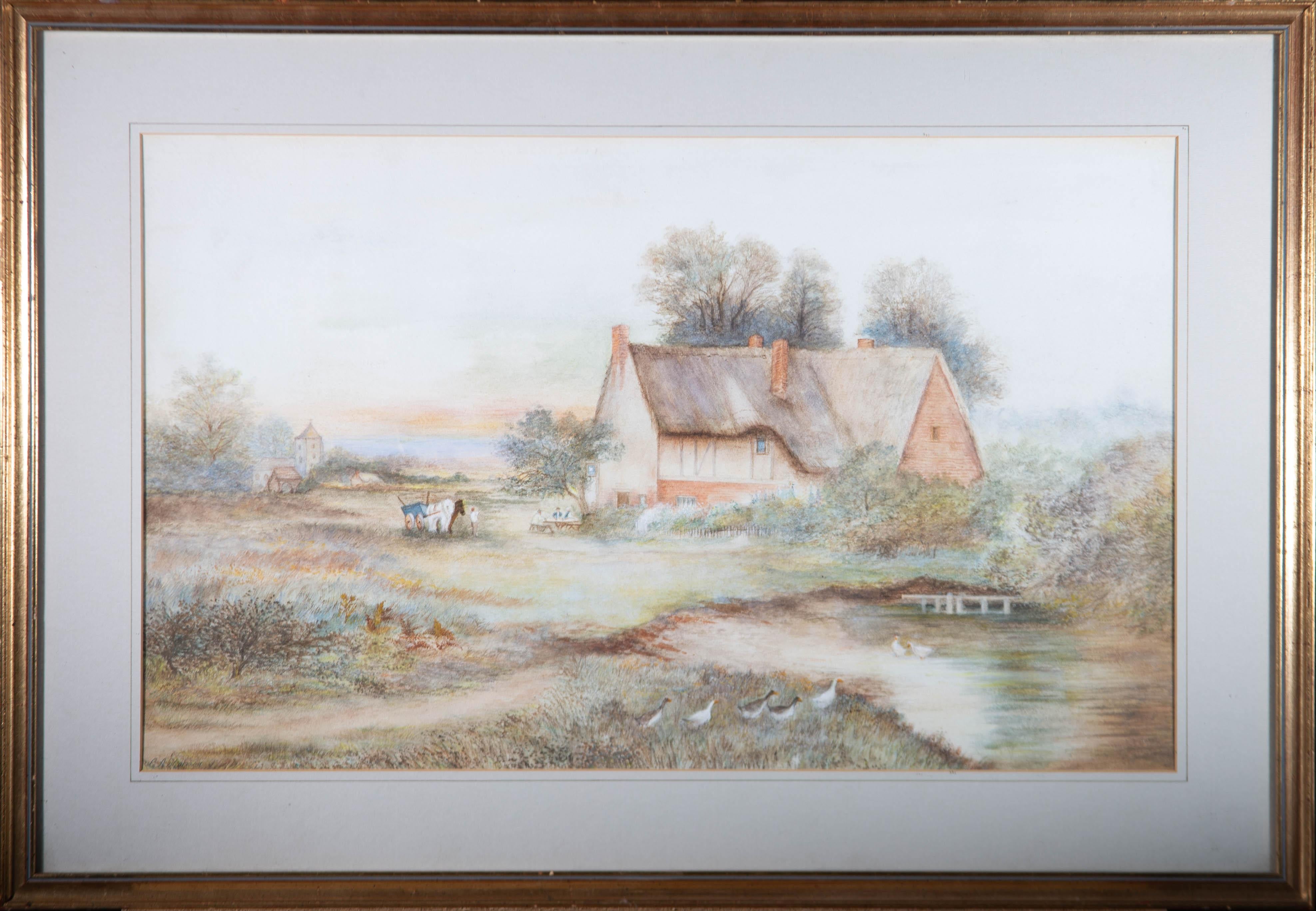 A charming watercolour painting with gouache details, depicting a farm scene with figures and animals. Signed to the lower left-hand corner. Well-presented in a washline card mount and in a distressed, speckled, gilt effect frame. On watercolour