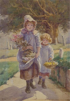 Attrib. Edith Hume (1843-1906) - Watercolour, Girls and Their Flowers