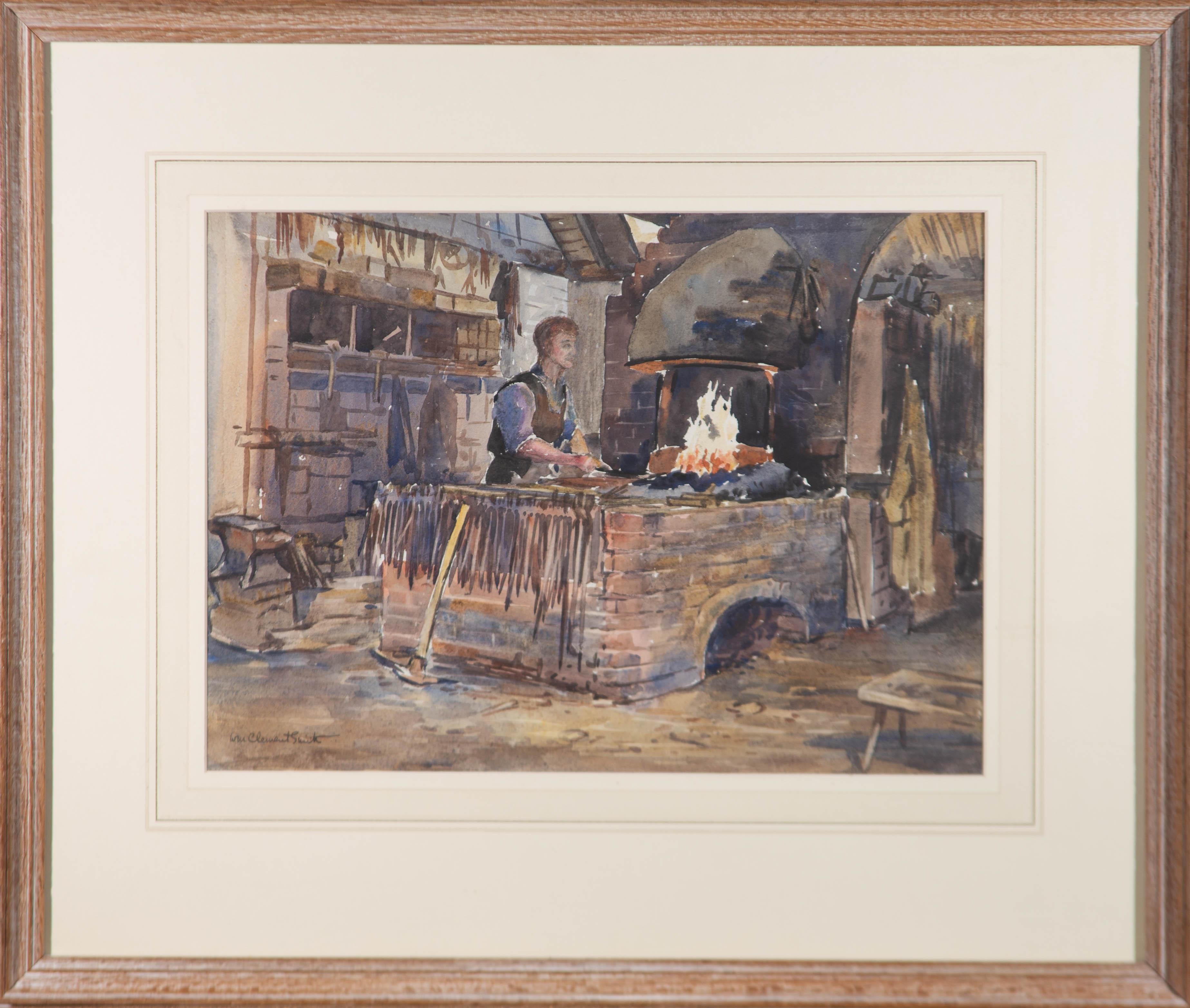 A captivating watercolour painting by the artist Winifred M. Clement Smith. The scene depicts a blacksmith in a forge. Title is inscribed on the reverse. There is an artist's label to the reverse. Signed to the lower left-hand corner. Well-presented