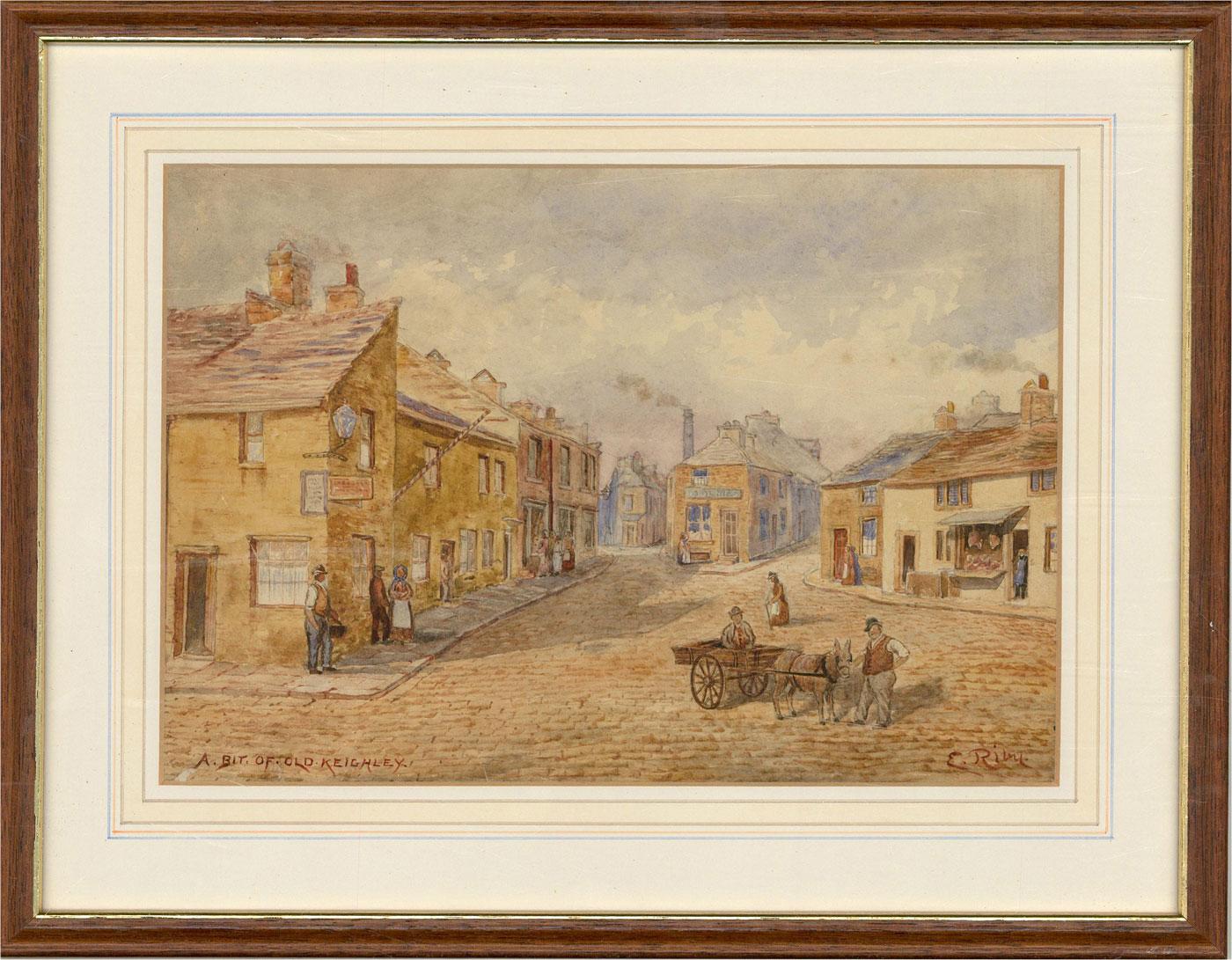 A pretty watercolour scene showing a view of the main street in Keighley pre 1890. The artist has signed illegibly to the lower right corner.

The painting has been presented in a thin wood frame with a gilt inner window, glazing and a wash-line