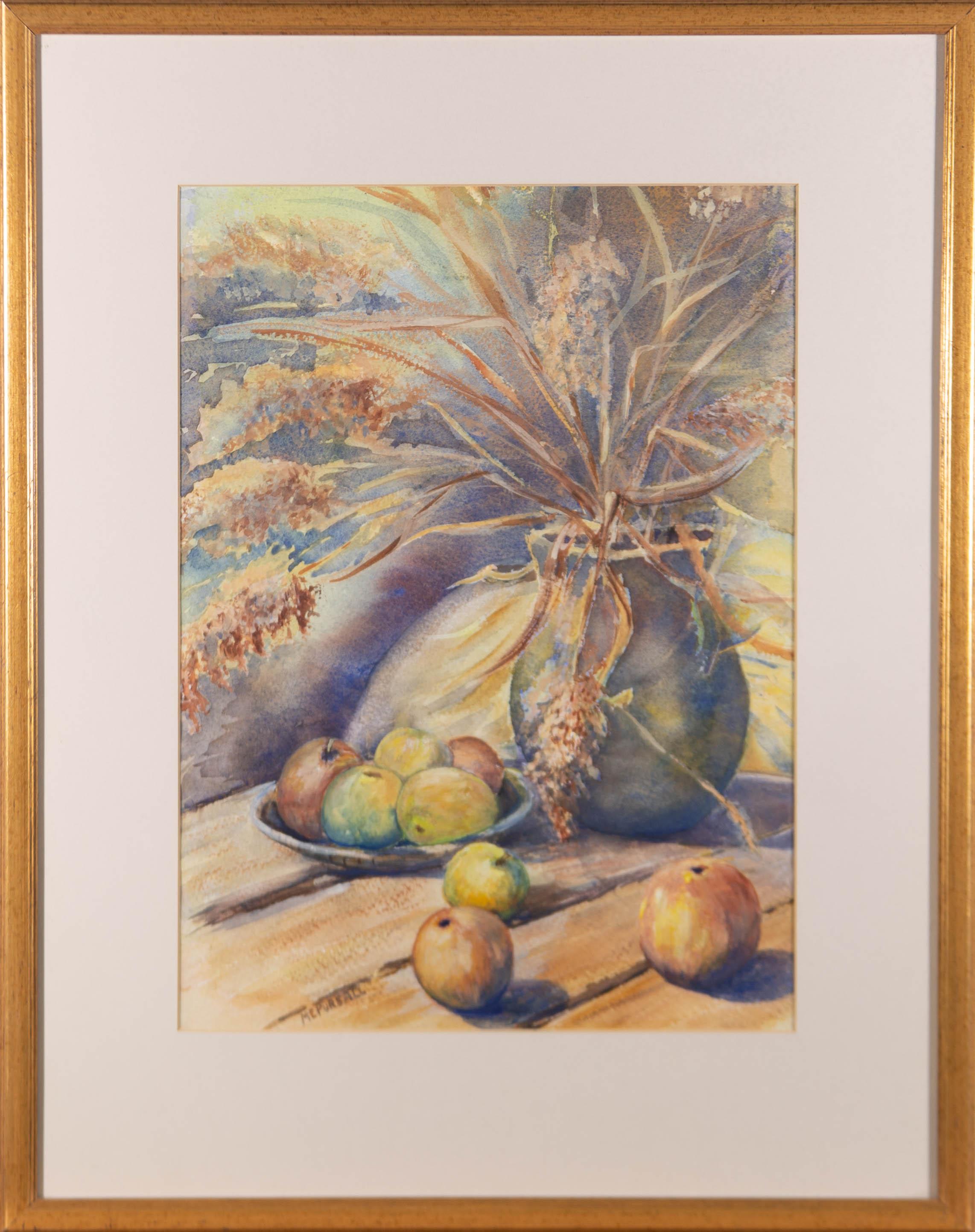 A fine and captivating watercolour painting with gouache details by Basil E. Pursall. The scene depicts a flower vase with red and green apples nearby. Singed to the lower margin. There is an artist's label to the reverse. Well-presented in a card