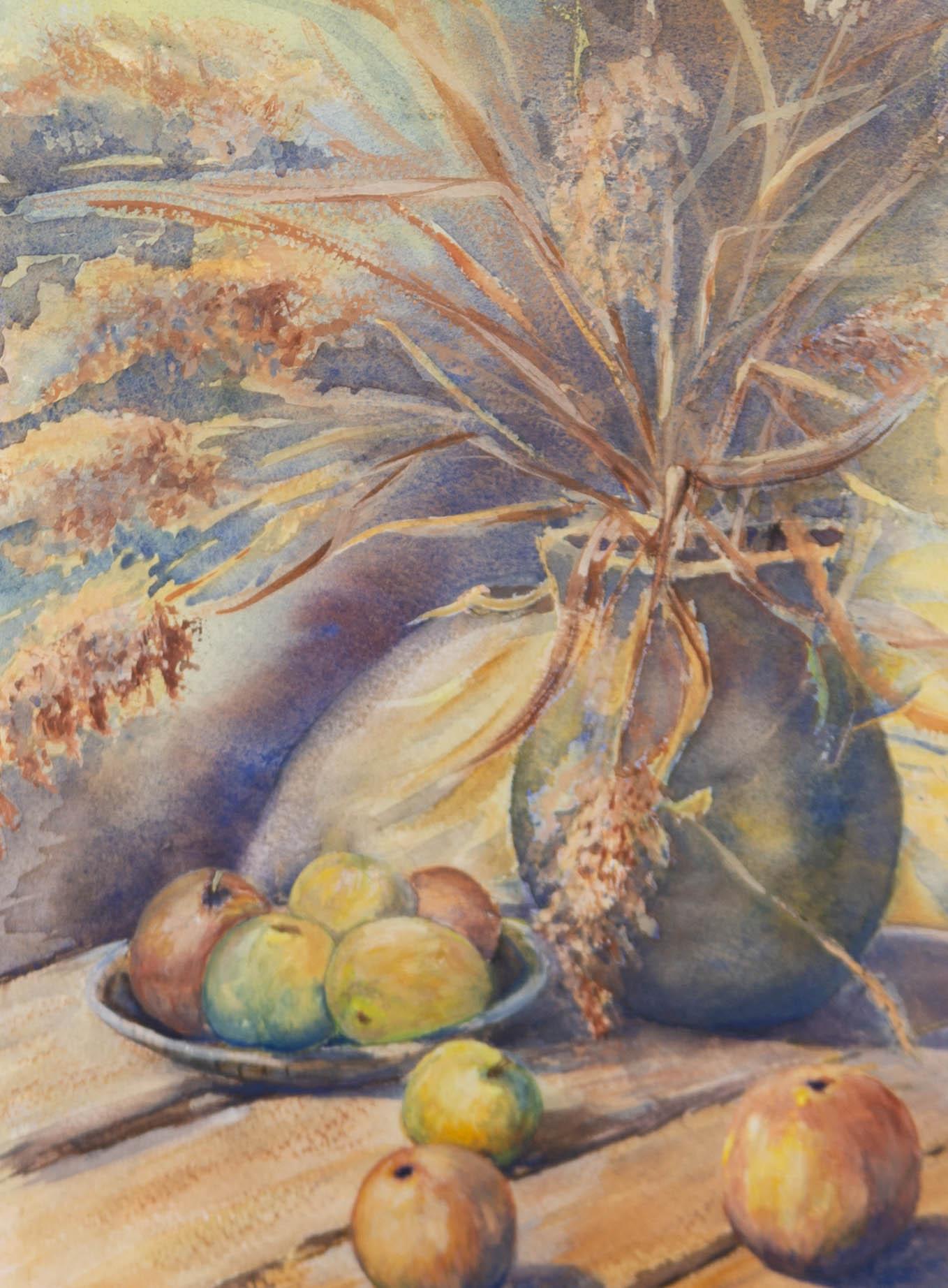 Basil E. Pursall - 20th Century Watercolour, Flower Vase and Apples For Sale 1