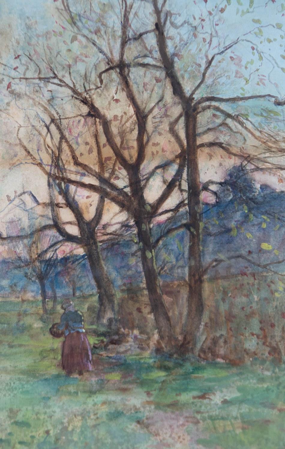 A charming watercolour painting with gouache details by the British artist Alexander Wellwood Rattray. The scene depicts a female figure holding a small basket, walking along a rural path. This well-balanced composition is illustrative of the
