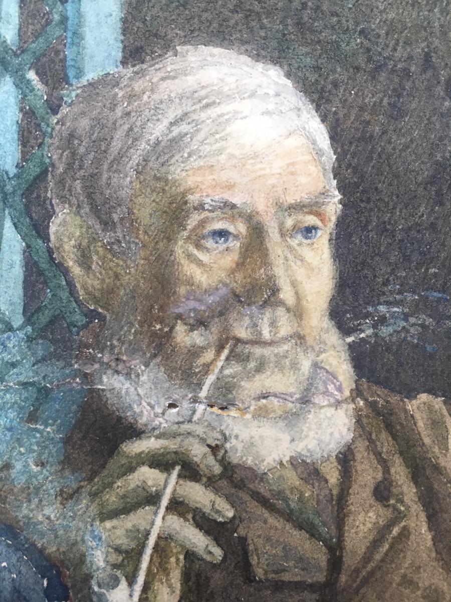An expertly finished portrait of a gentleman smoking, full of detailed intricacies and character.

The artwork is signed and dated and is well presented in a light grey card mount.

On wove.
