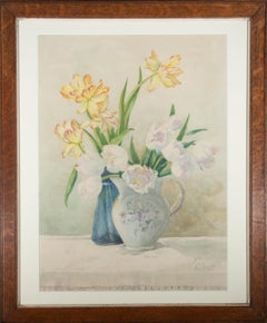 Frank Galsworthy (1863-1959) - 1920 Aquarelle, tigre et tulipes blanches