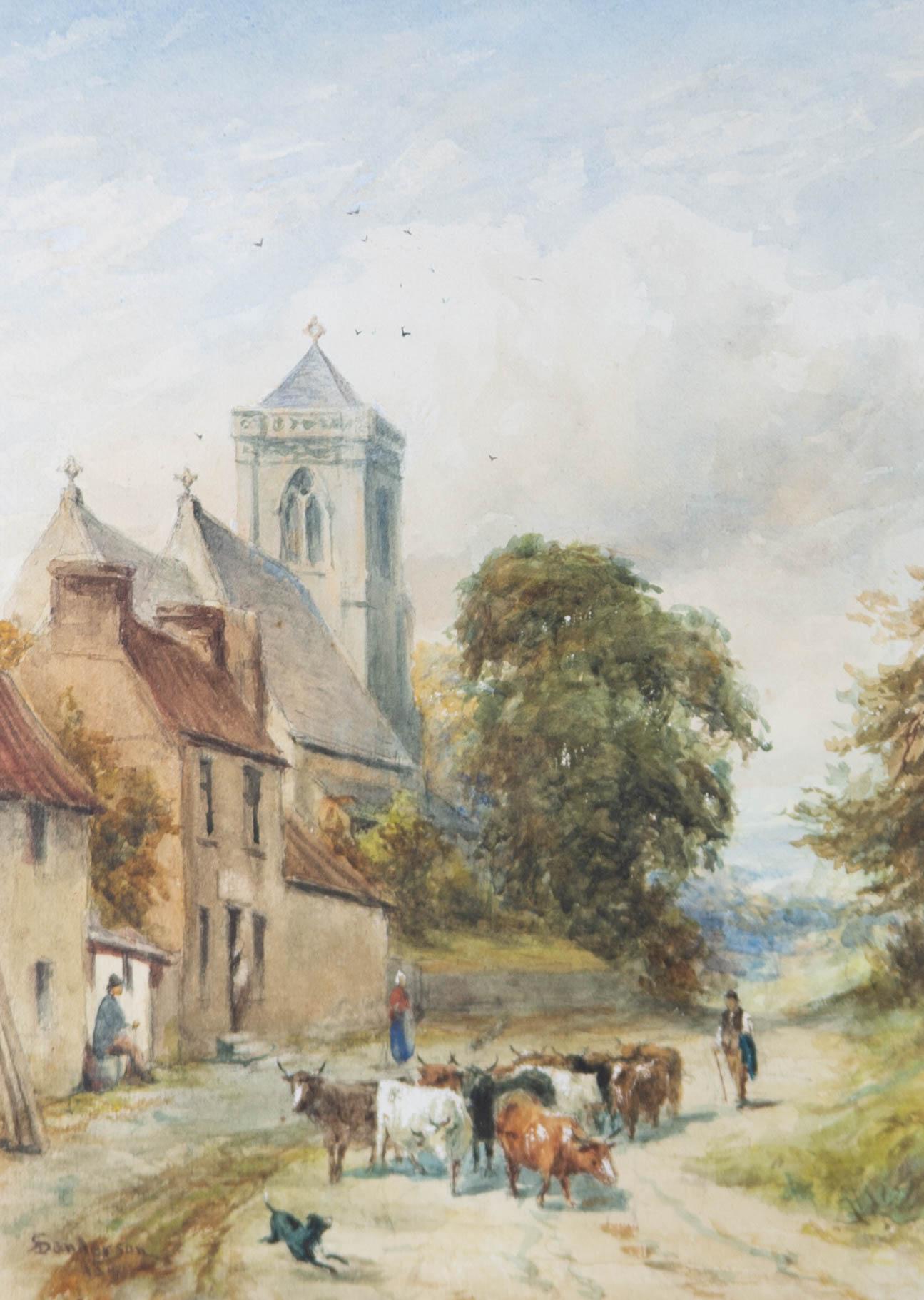 A sheepdog playfully bounds around cattle as a farmer herds his livestock through the sleepy village of Middleton, Yorkshire.

This watercolour has maintained its strong, bright colours, which provide a marvellous sense of depth and immersion.

The