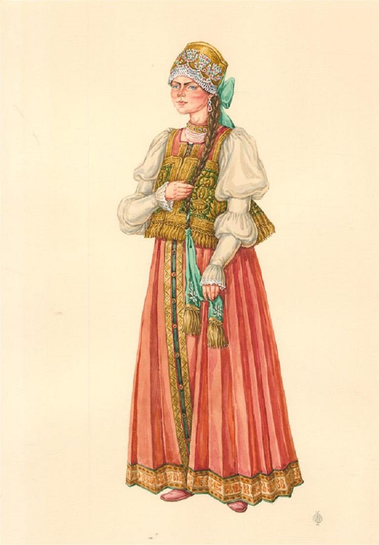 Un'iscrizione sul retro recita "Ragazza in costume da festa". Provincia di Nizhny Novgorod, seconda metà del XIX secolo". L'opera d'arte è anche ordinatamente monogrammata, firmata e datata. Ben presentato in una montatura verde acqua. Sui tessuti.
