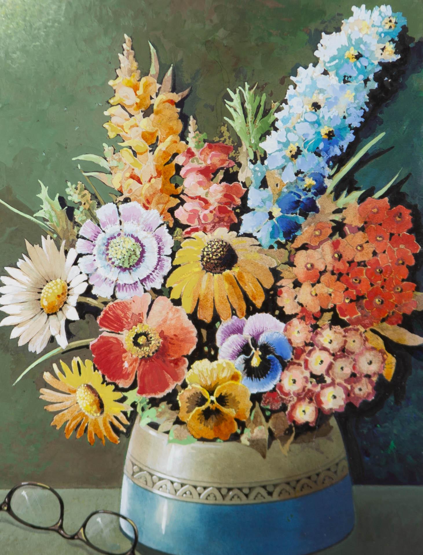 Leonard Smith - Gerahmtes Aquarell aus der Mitte des 20. Jahrhunderts, Sommerblumen im Angebot 1