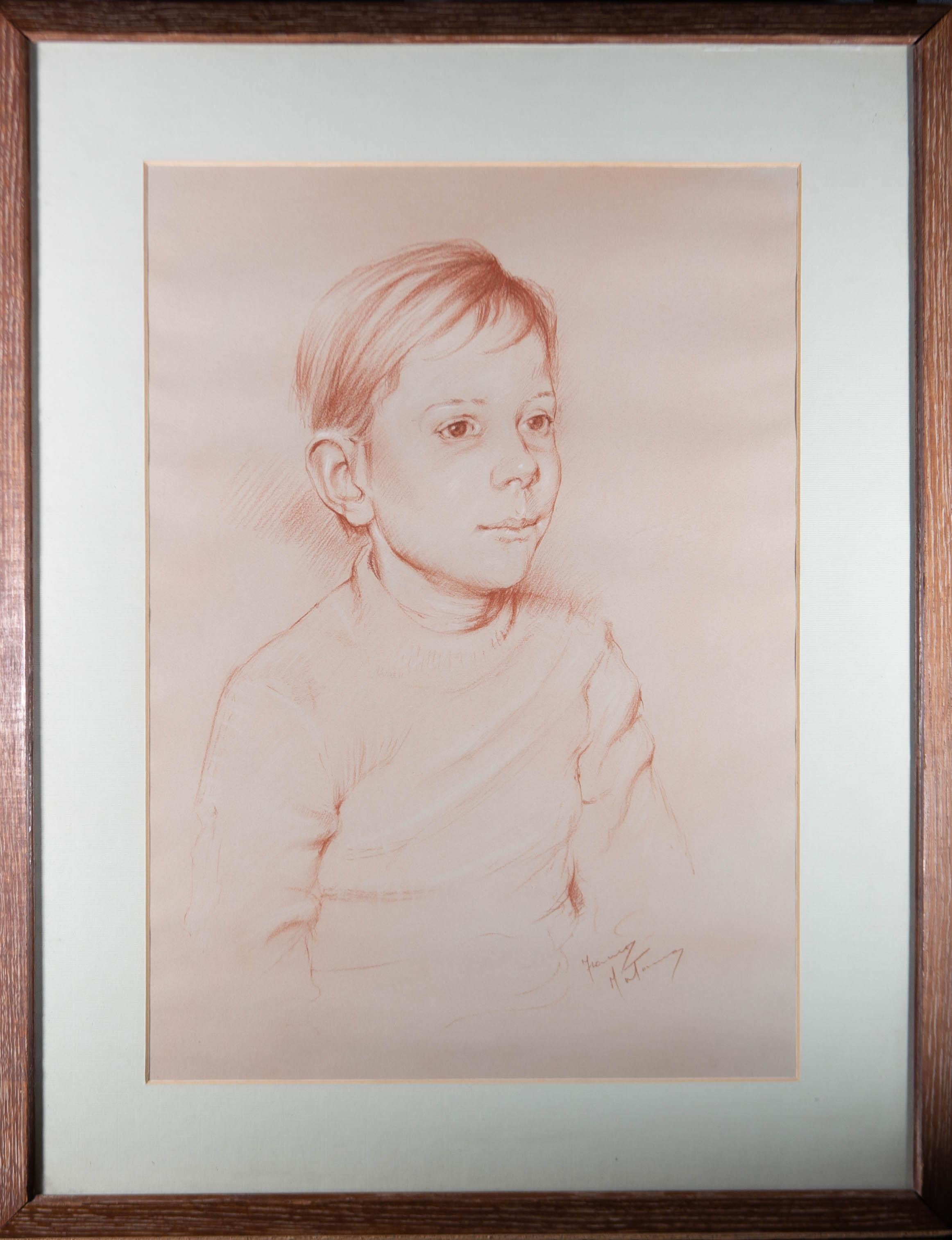 Subtle conte is used in a sculptural manner to render a delicate study of a child. The artwork has been completed on a piece of pale rose wove, which perfectly complements the rich tone of the conte.

The artwork is signed in the bottom right-hand