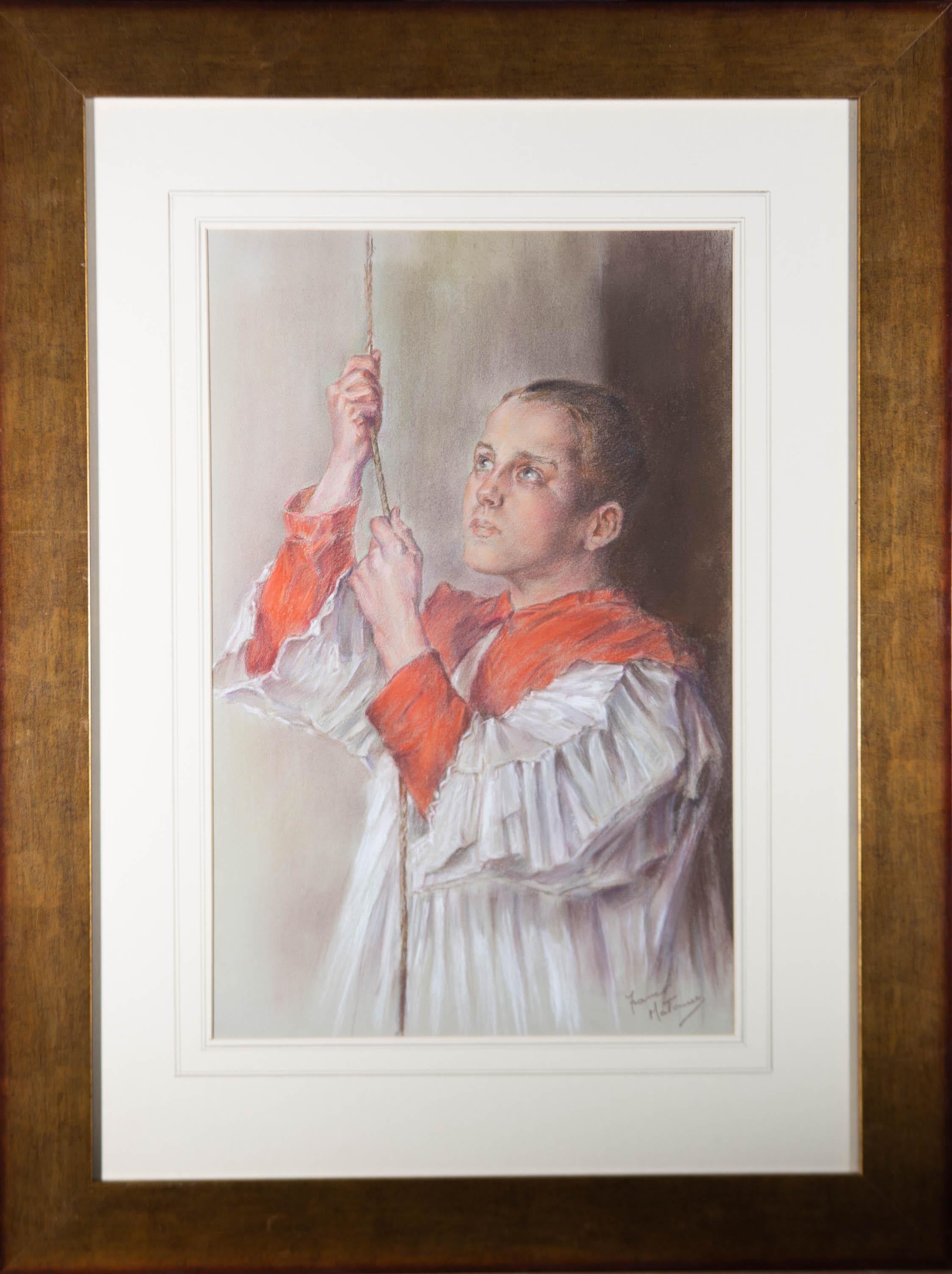 In this chalk portrait, Matania captures a young bell-ringer to a remarkable level of detail. From the crisp white pleats of the gown to the child's expression of unwavering focus, Matania has truly captured the moment in a sublime manner.

The