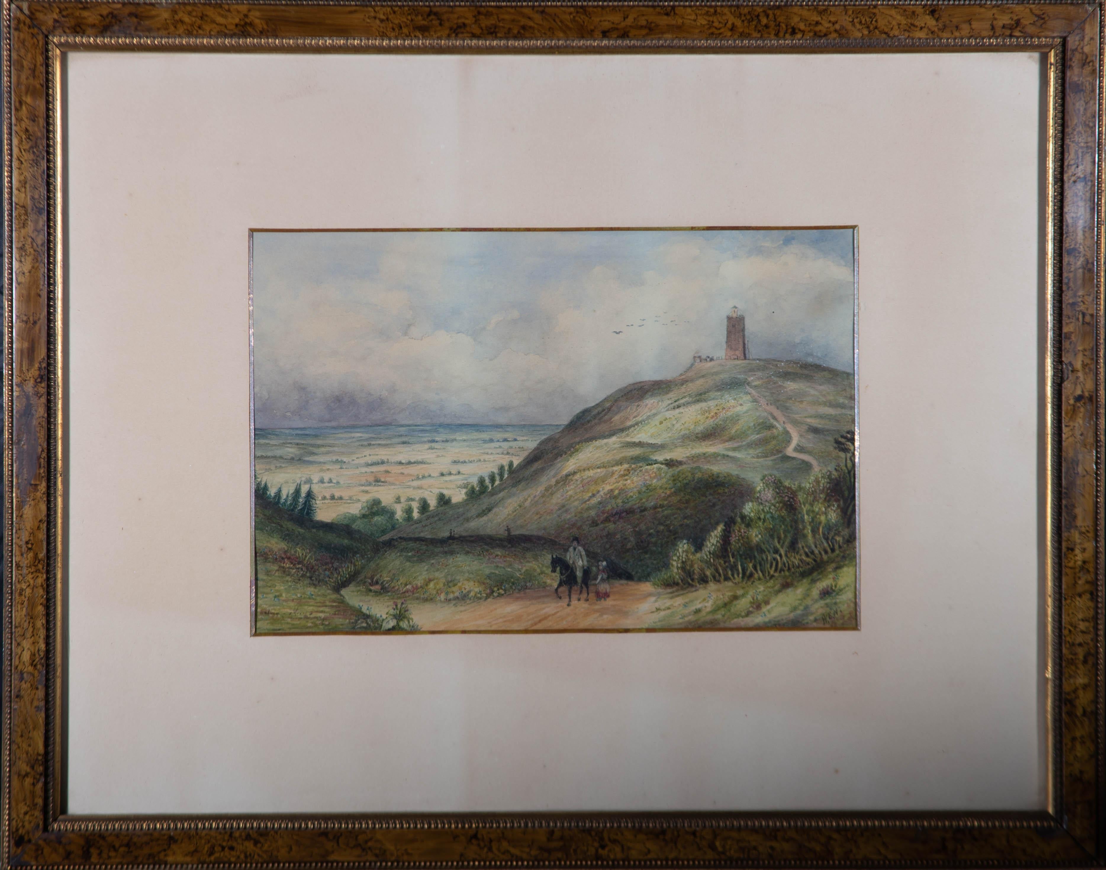A delightful landscape study depicting figures in a landscape with a tower in the distance. The picture is well presented in a tortoise shell effect frame. Signed with initials to the lower right. On watercolour paper.
