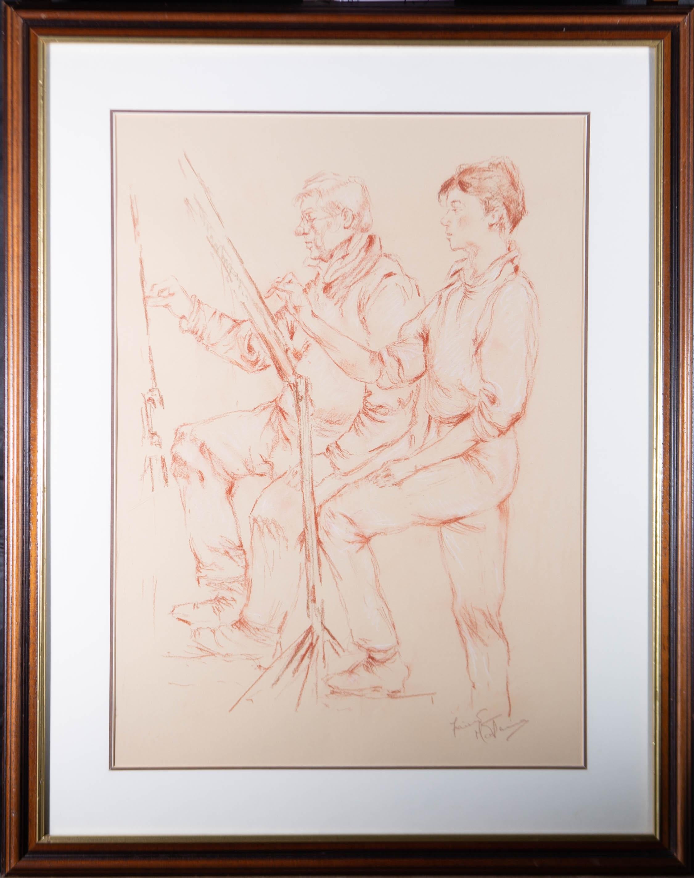 In this study, Matania has used terracotta-coloured chalk to depict two figures caught deep in the act of drawing. The artwork is signed in the lower left and is well presented in a wood frame with a gilded inner window and a white mount On wove.
