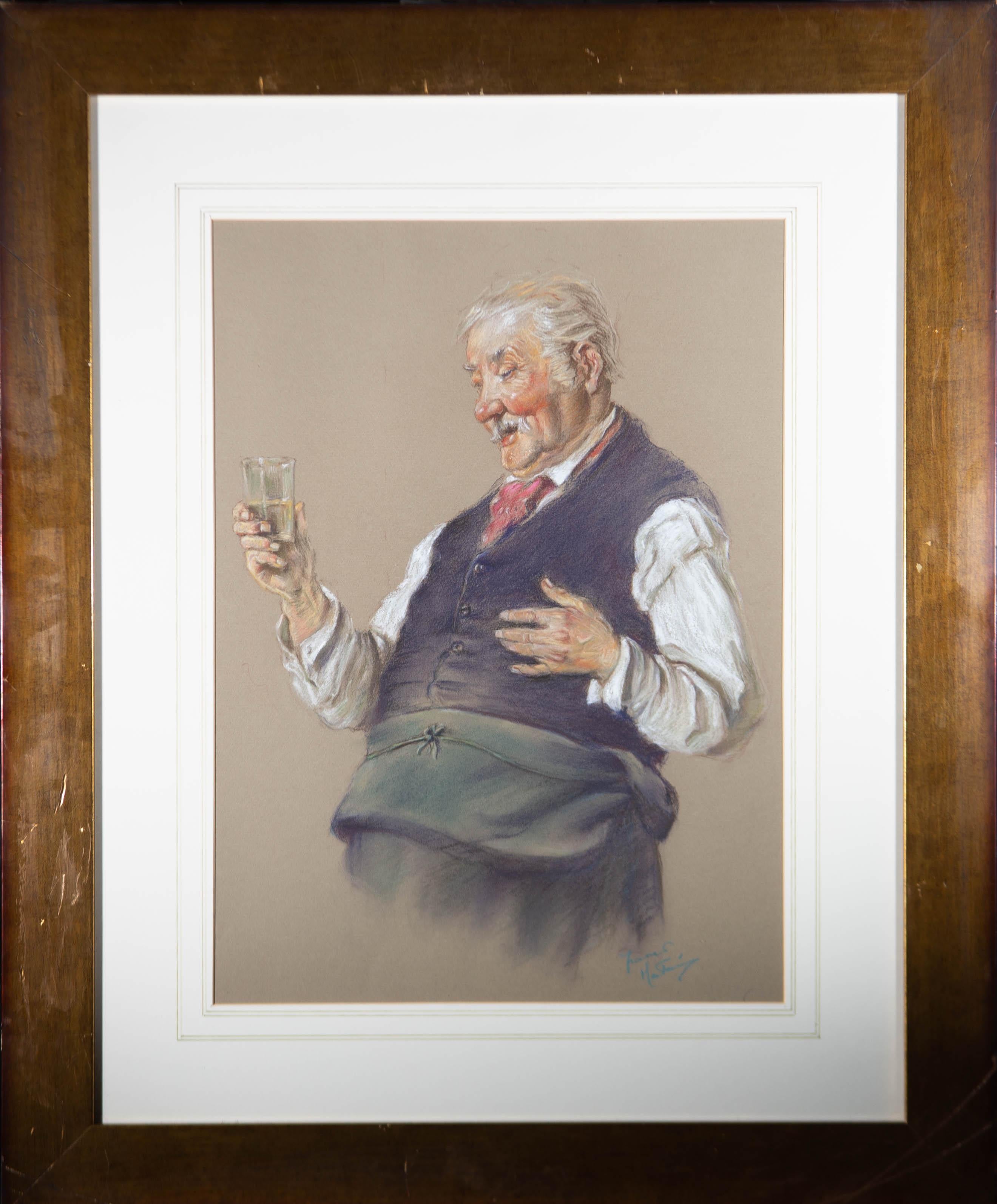 Pastels render a cheery study of a red-nosed barkeep enjoying a drink. The artwork has been completed on a piece of olive green wove, allowing the vibrancy of the chalk colours to truly radiate. The artwork has been signed in the bottom right-hand