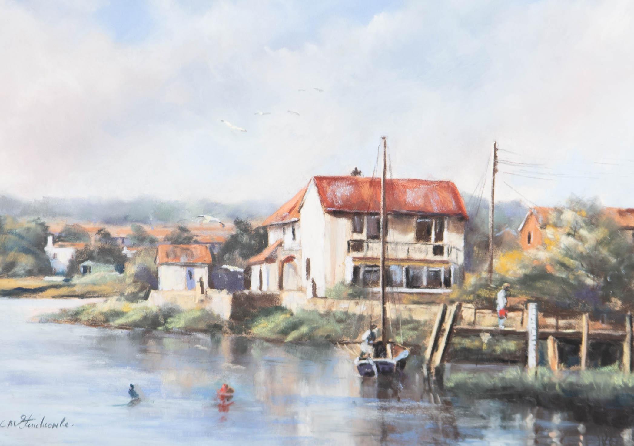 A fine and charming pastel drawing by the artist Chris Stinchcombe, depicting a view of Pill Harbour. Signed to the lower left-hand corner. There are two artist's labels on the reverse inscribed with the artist's name and title. Well-presented in a