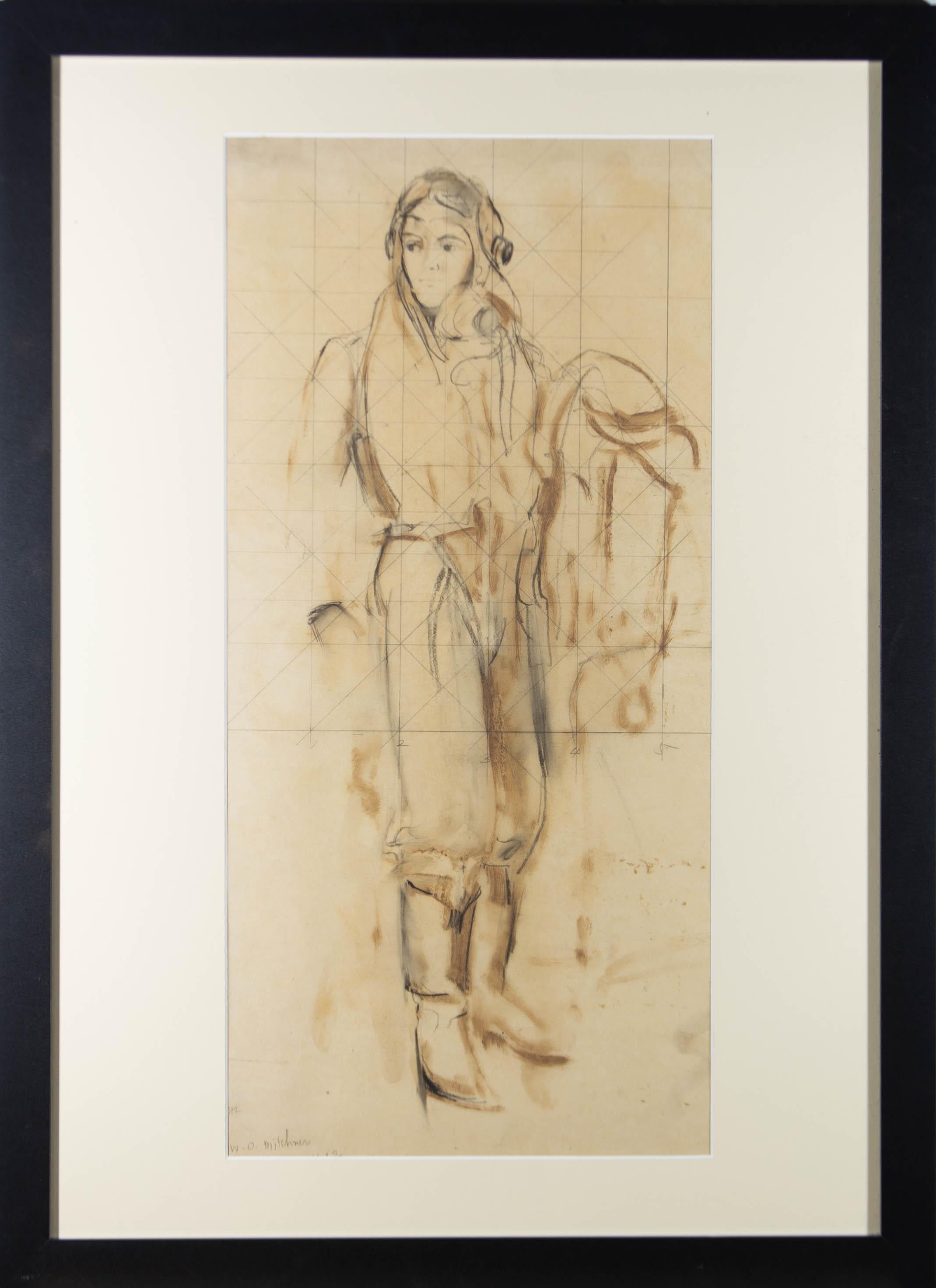 A fine graphite study depicting a World War Two pilot dressed in his flying attire. The artwork is inscribed in the bottom left-hand corner, and well presented in a contemporary black frame with a cream mount. On wove.