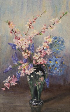 Franco Matania (1922-2006) - Vase en aquarelle du 20e siècle, fleur de cerisier, signé