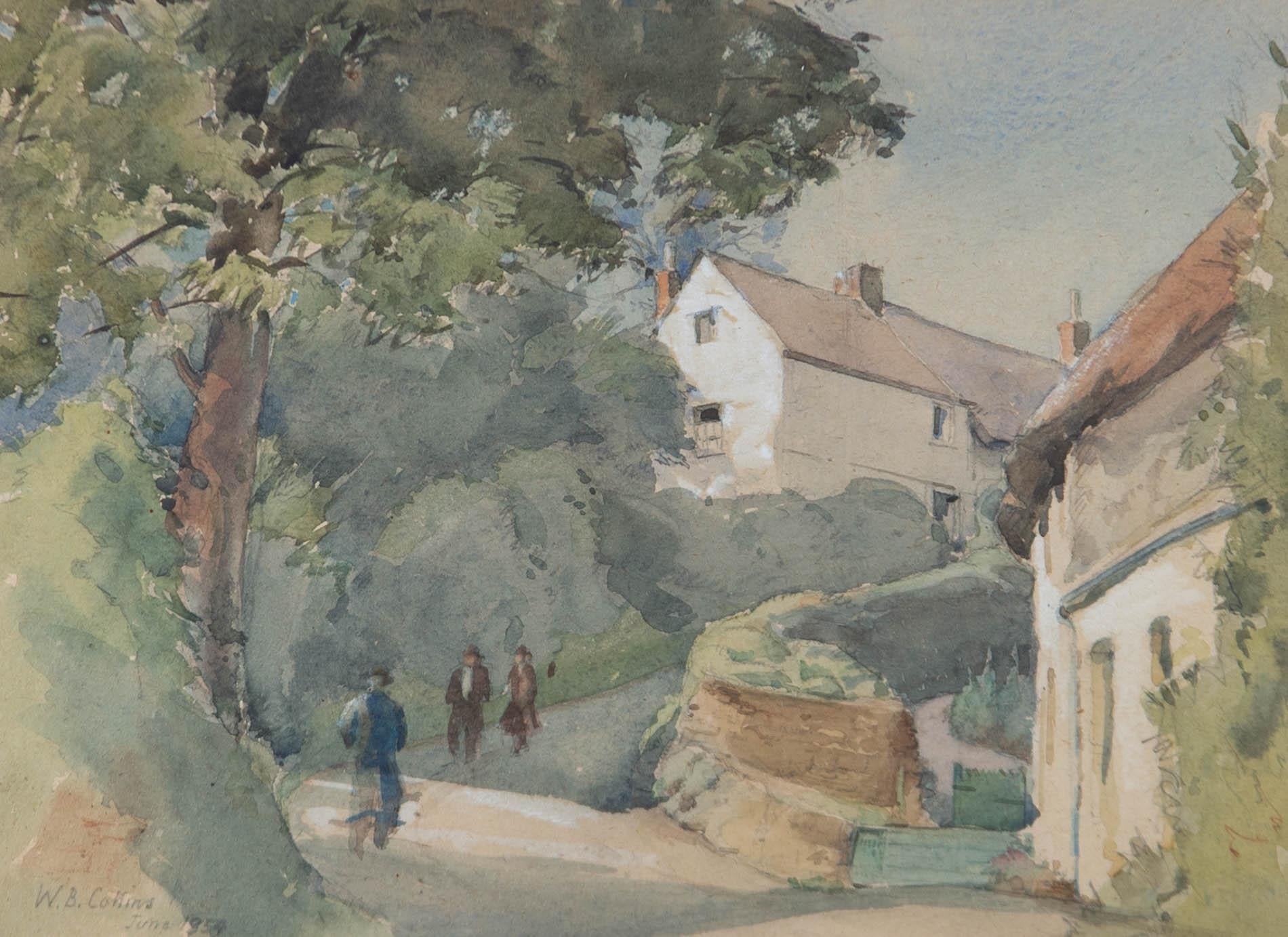 Figures walk contently along a quiet country path in this fine watercolour study of a sleepy village. The artwork is finished with subtle body colour, and is signed and dated in the bottom left. Well presented in a gilded wood frame with a washline