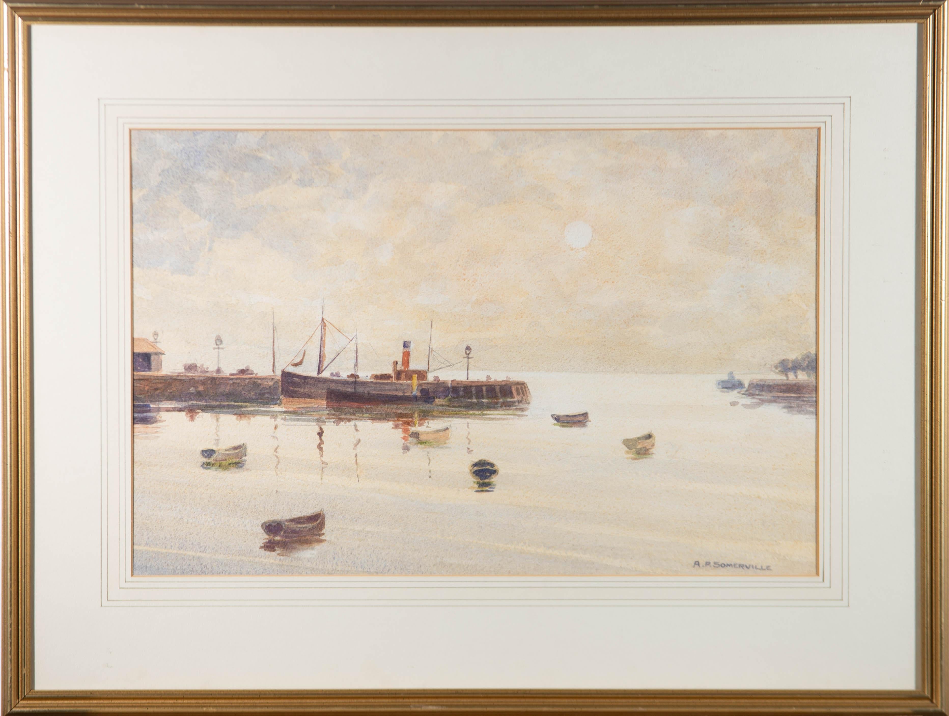 A charming watercolour painting by A.P. Somerville, depicting a view of an estuary with boats. There is a label on the reverse inscribed with the artist's name and title. Signed to the lower right-hand corner. Well-presented in a wash line card