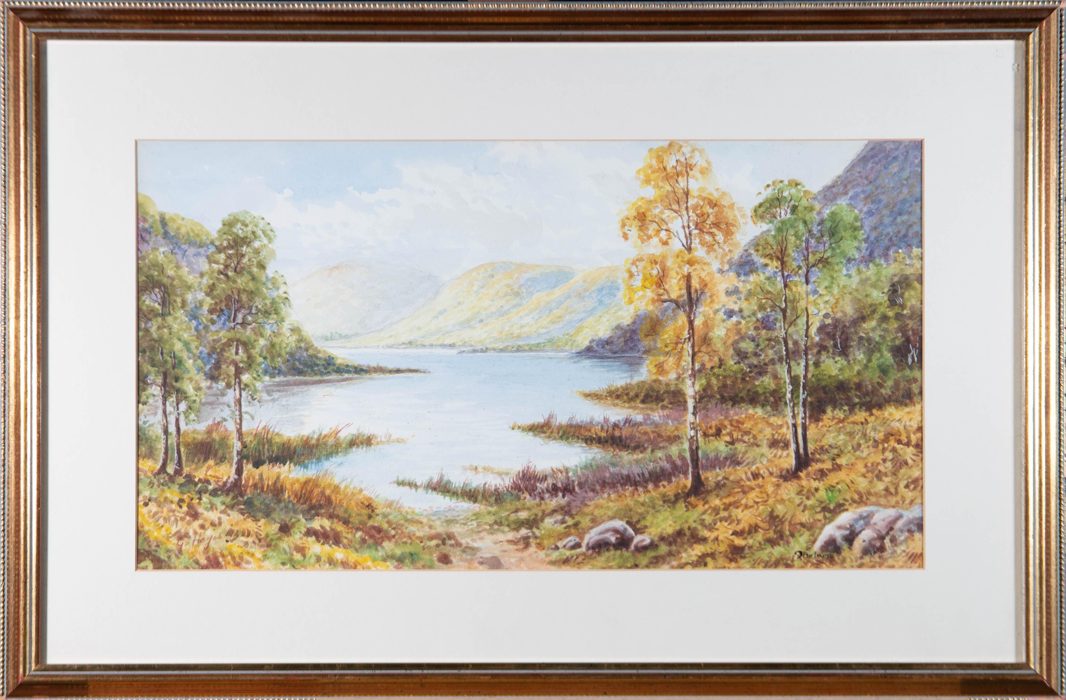 A bright palette is coupled with decisive watercolour brush strokes to render a peaceful autumnal landscape. The artwork is signed in the bottom left and well presented in a molded and gilded wood frame with a mount board. On wove.