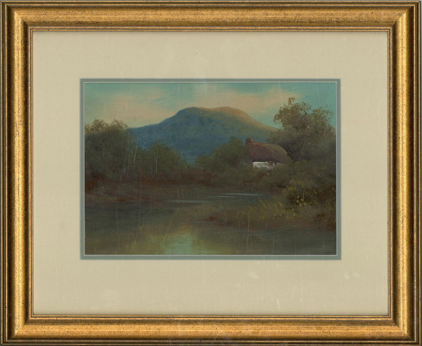 Impastoed gouache is used to depict a quiet river leading to a countryside cottage on a still evening. The artwork is unsigned and well presented in a gilded wood frame with a white and blue double mount. On wove.