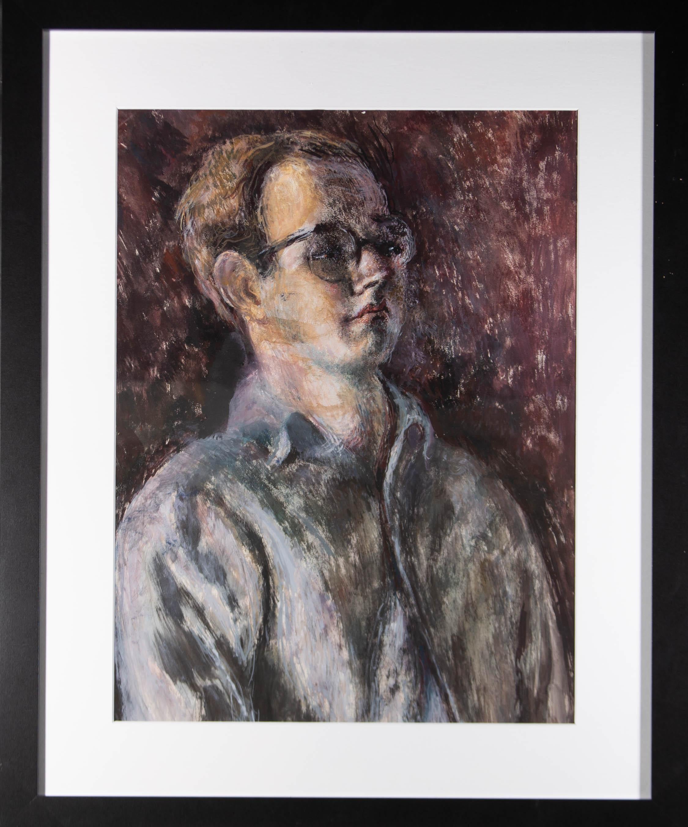 Deep crimson forms an alluring background to this captivating portrait of a gentleman, finished with dry, rough brush strokes. The artwork is unsigned, and well presented in a contemporary black frame with a white mount. On wove.
