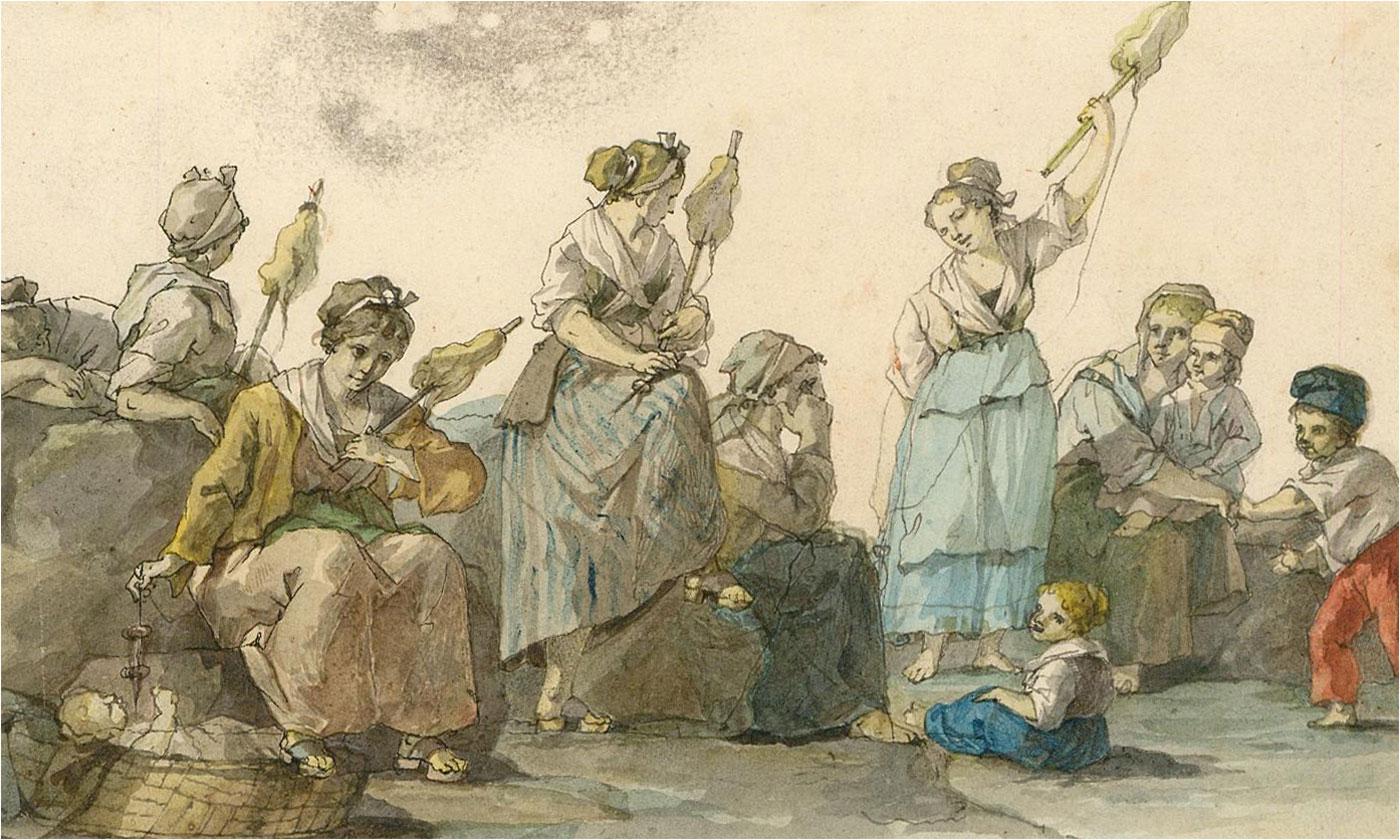 A delicate and finely detailed watercolour showing a group of women with spindles and cotton. Their children play around them as they work. The feeling of happiness in their work shines through on their faces and they seem relaxed in their task. The