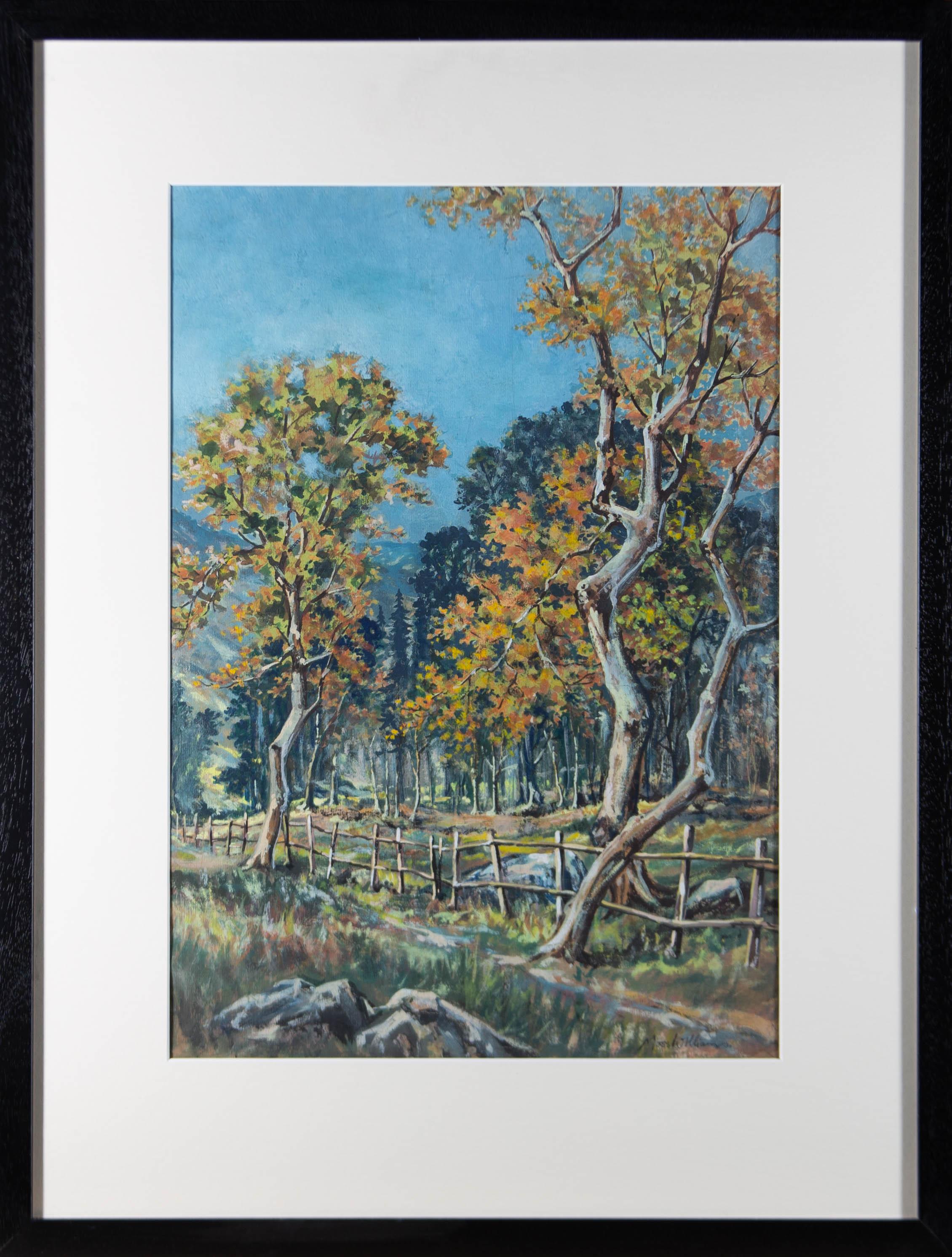 In this gouache study, Williams depicts a late summer woodland with a bright palette and compelling brush strokes. The artwork holds a calming, immersive ambiance, and is signed in the lower right. Well presented in a contemporary black frame with a