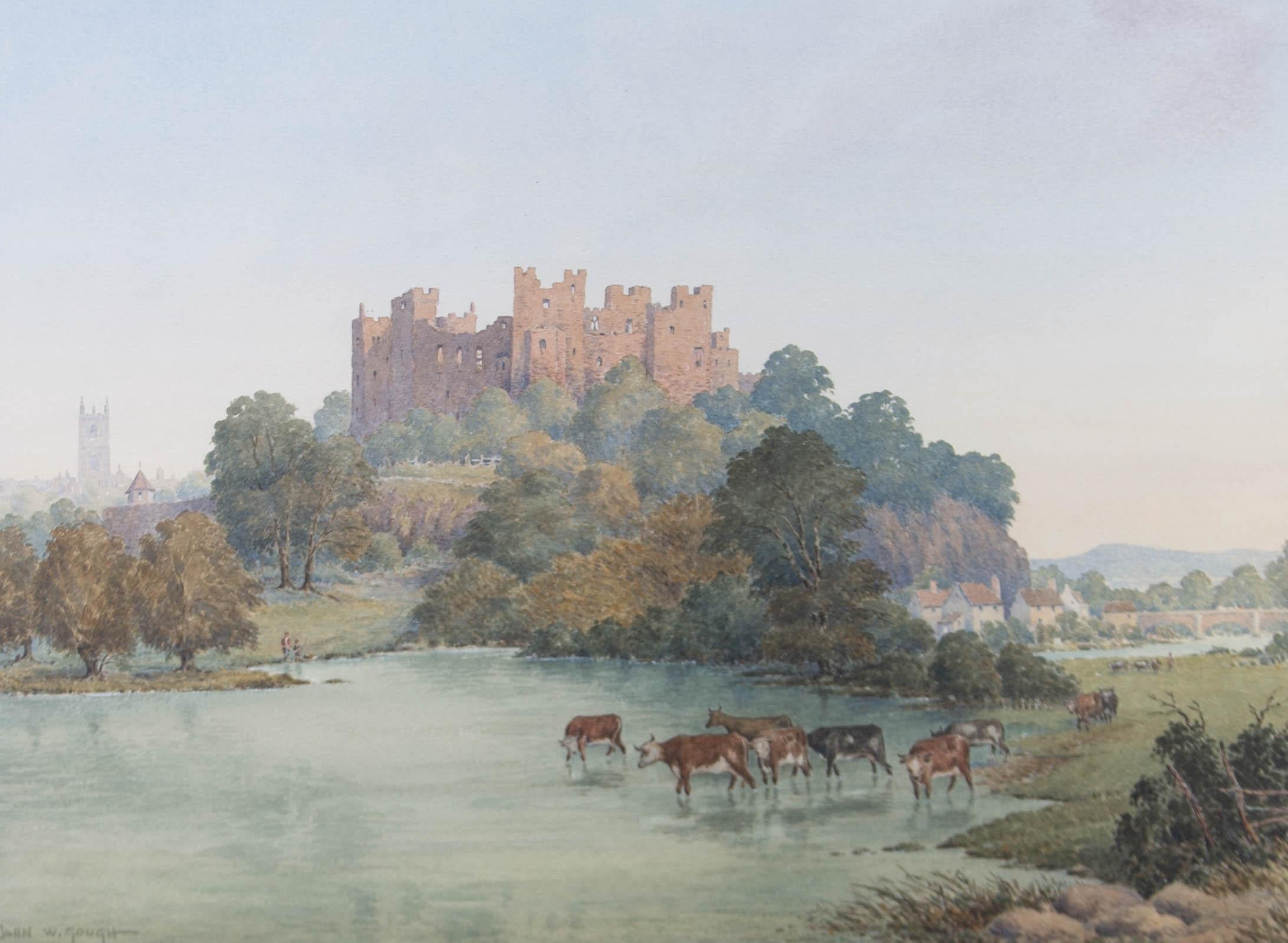 A large and beautiful topographical view of Ludlow Castle from the banks of the river. Cattle drink from the water and a father and son fish on the opposite bank. The artist has signed to the lower left corner and the painting has been presented in
