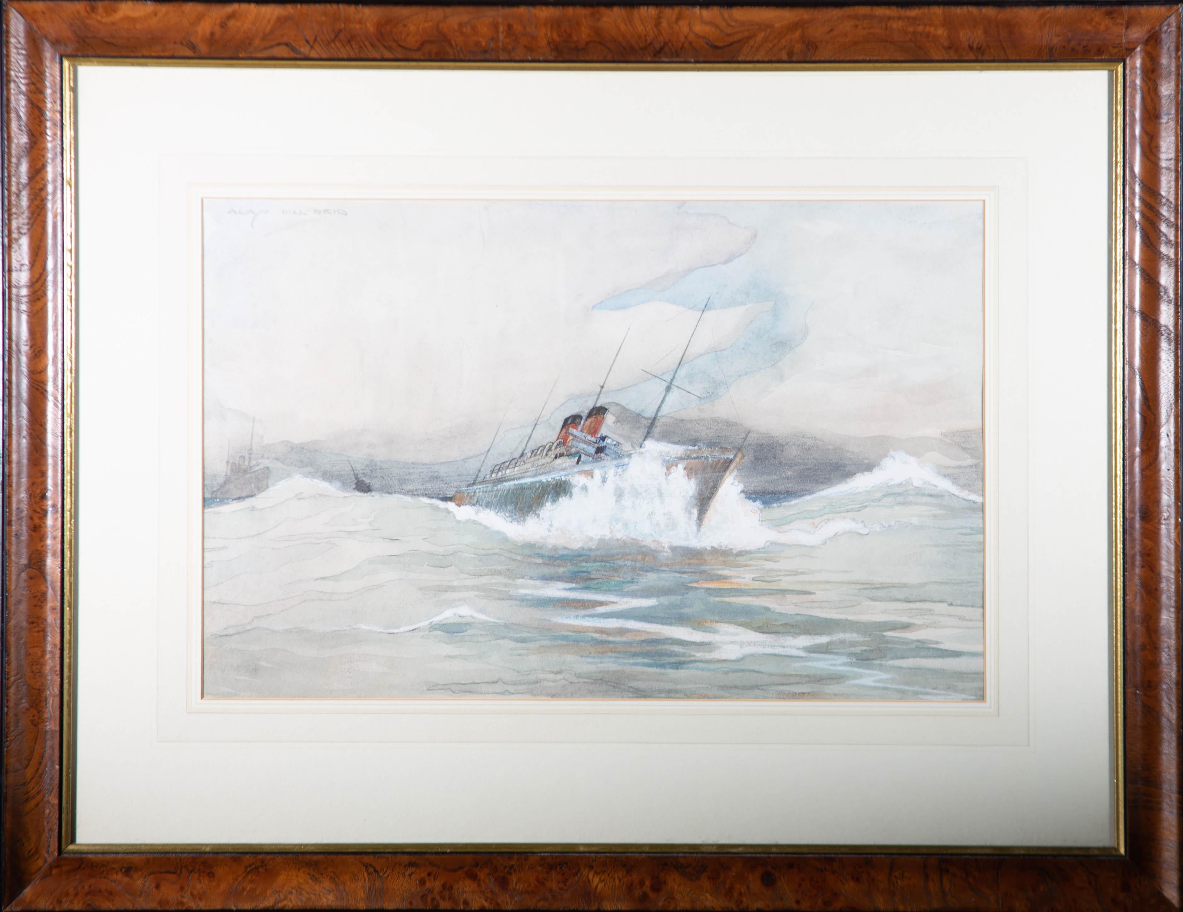 A delightful watercolour painting with gouache and charcoal details by Alan Hill Reid, depicting a ship in an agitated sea. Signed to the upper left-hand corner. Well-presented in a washline card mount and in a birds-eye maple effect frame with gilt