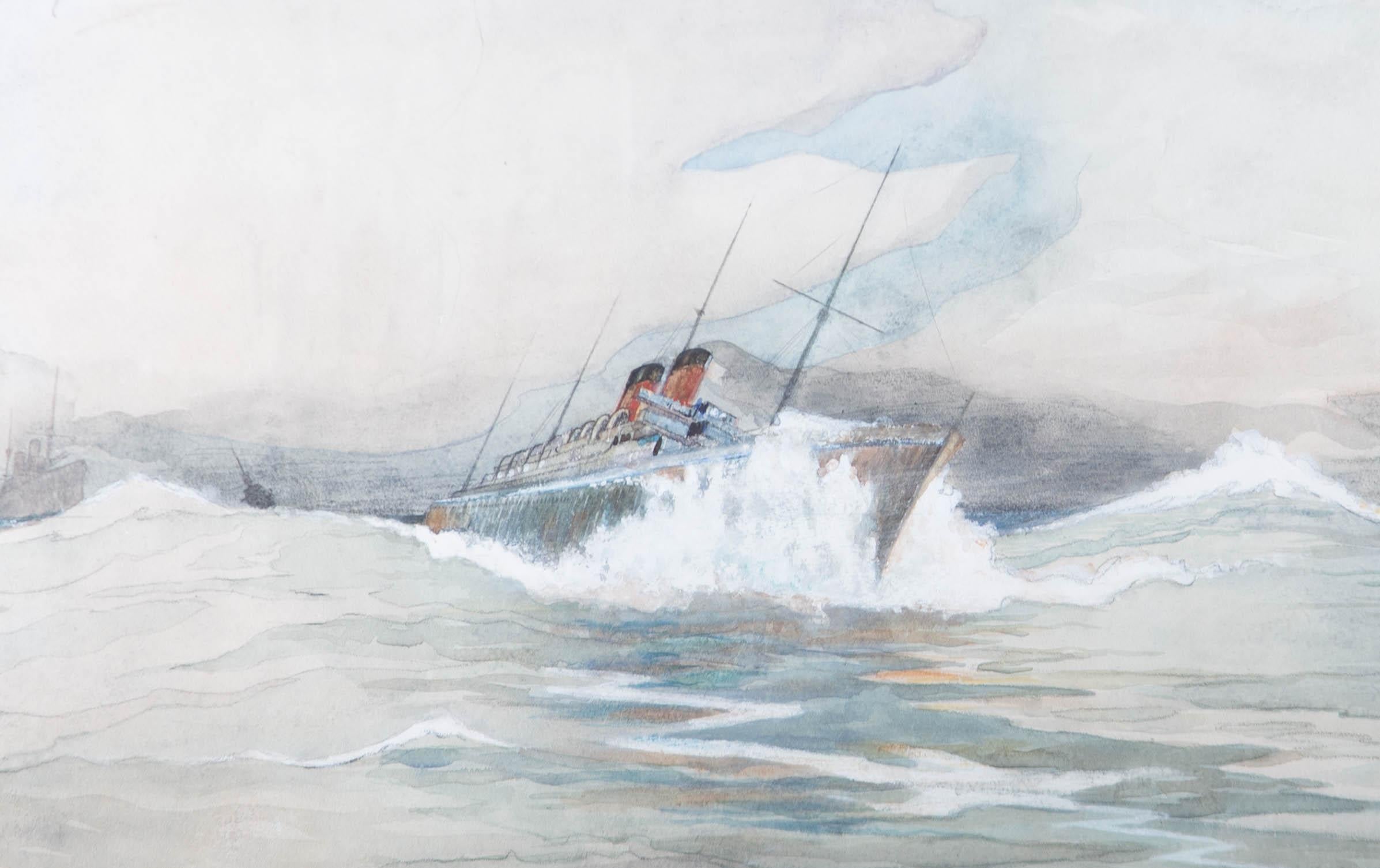 Alan Hill Reid - 20th Century Watercolour, A Ship in Choppy Waters For Sale 1
