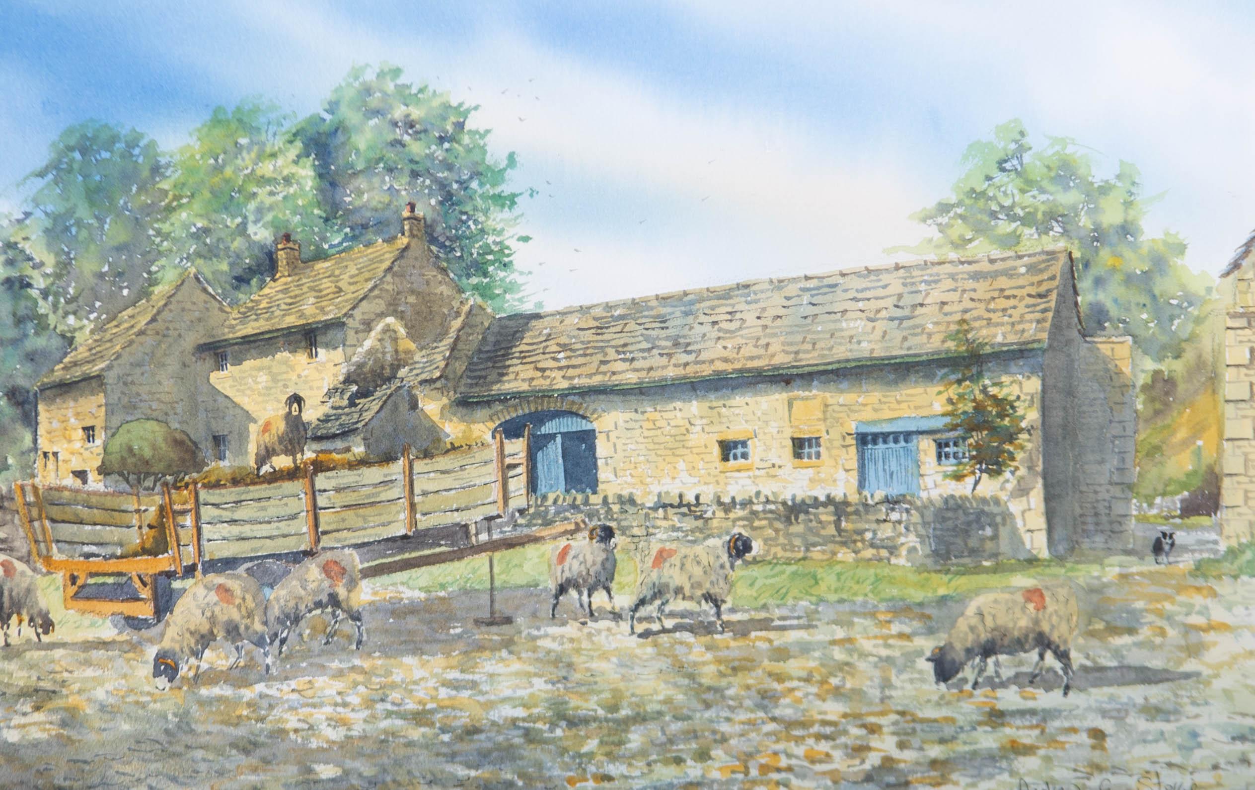 A farmyard scene depicting a flock of sheep in front of farm buildings. A sheepdog looks on from the right-hand side of the composition. Presented glazed in a cream mount with gilt-effect detailing and a thin wooden frame with gilt-effect inner.