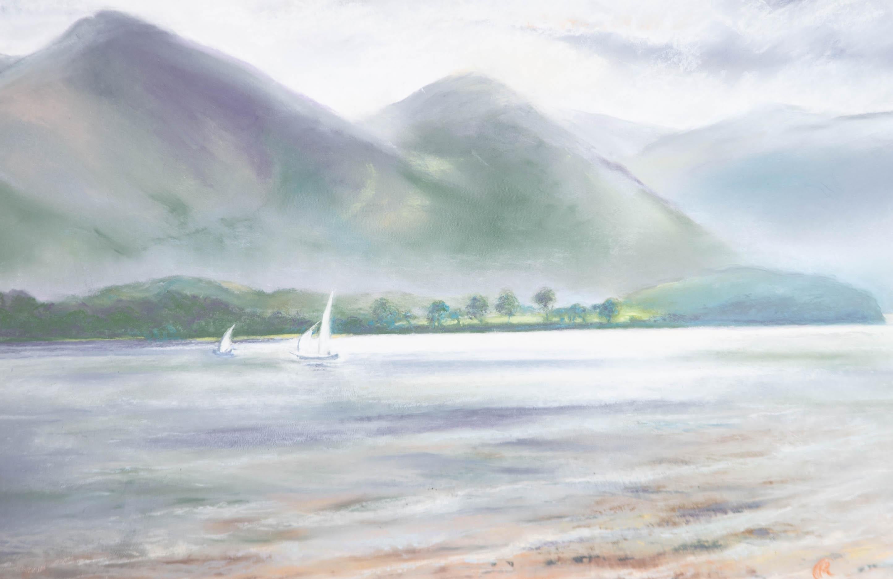 A delightful pastel drawing by P.M.C. Carrott, depicting a landscape view of Bassenthwaite Lake, one of the largest water bodies in the English Lake District. Monogrammed to the lower right-hand corner. There is an artist's label to the reverse