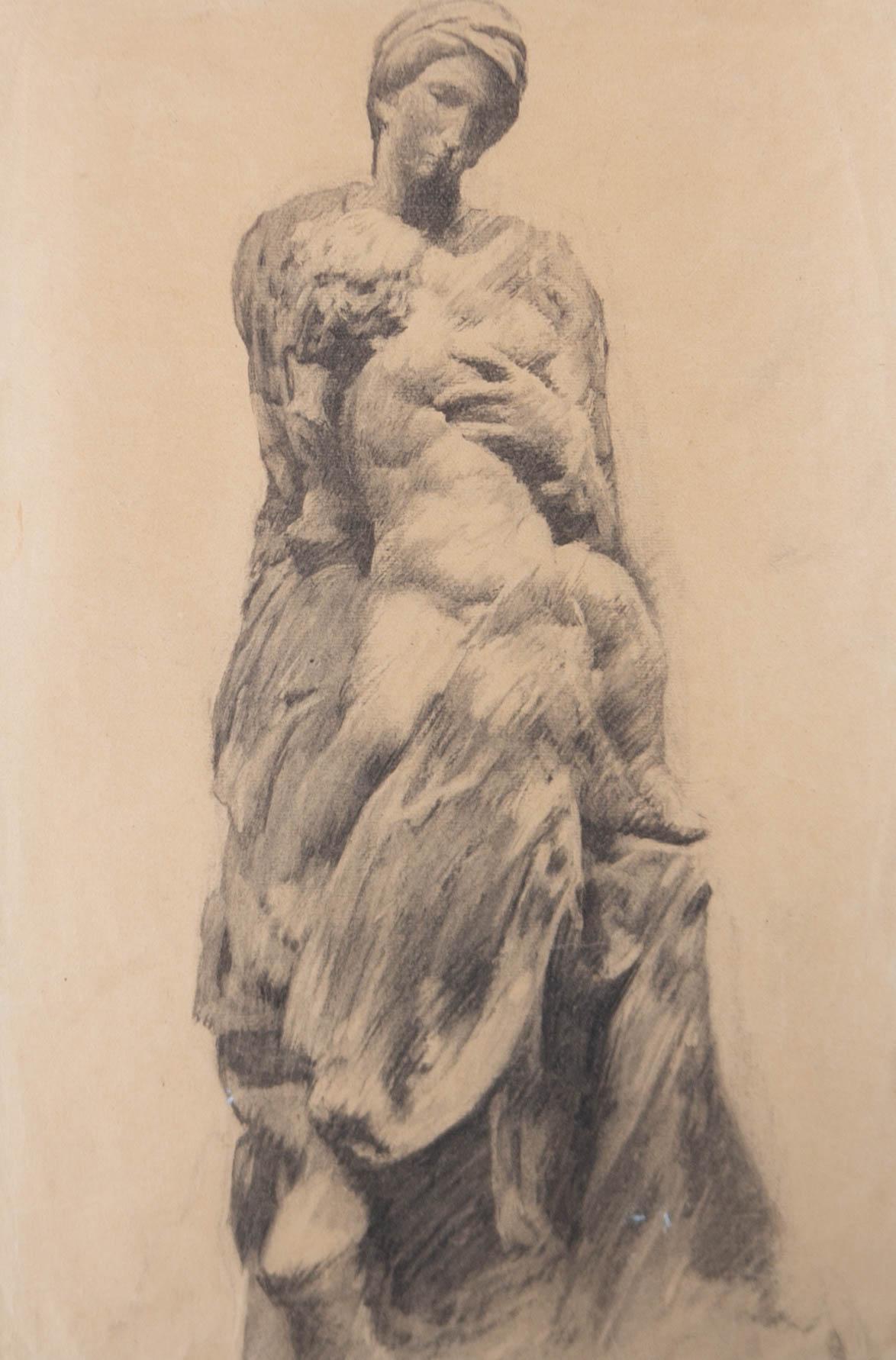 A fine graphite study of the Medici Madonna, a marble sculpture carved by Italian Renaissance master Michelangelo Buonarroti that measures about 88.98 inches (226 cm) in height. Dating from 1521â€“1534 the sculpture is a piece of the altar