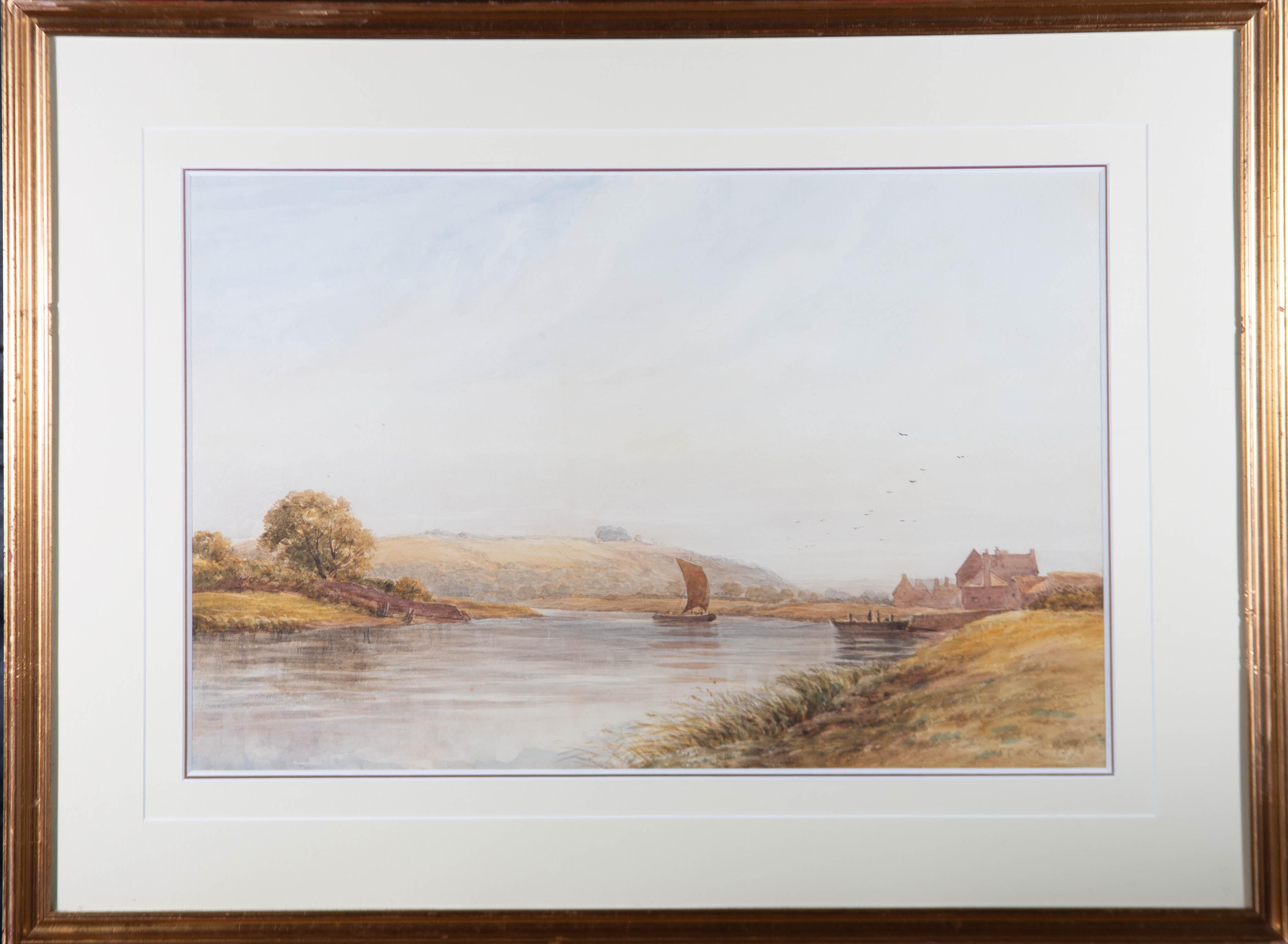 A fine and charming watercolour painting with graphite details by James Orrock. The scene depicts a river view with boats and small houses to the right-hand side. Signed and dated to the lower right-hand corner. Well-presented in a double card mount