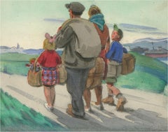 Giorgio Matteo Aicardi (1891-1985) - Acquerello della metà del XX secolo, Passeggiata di famiglia