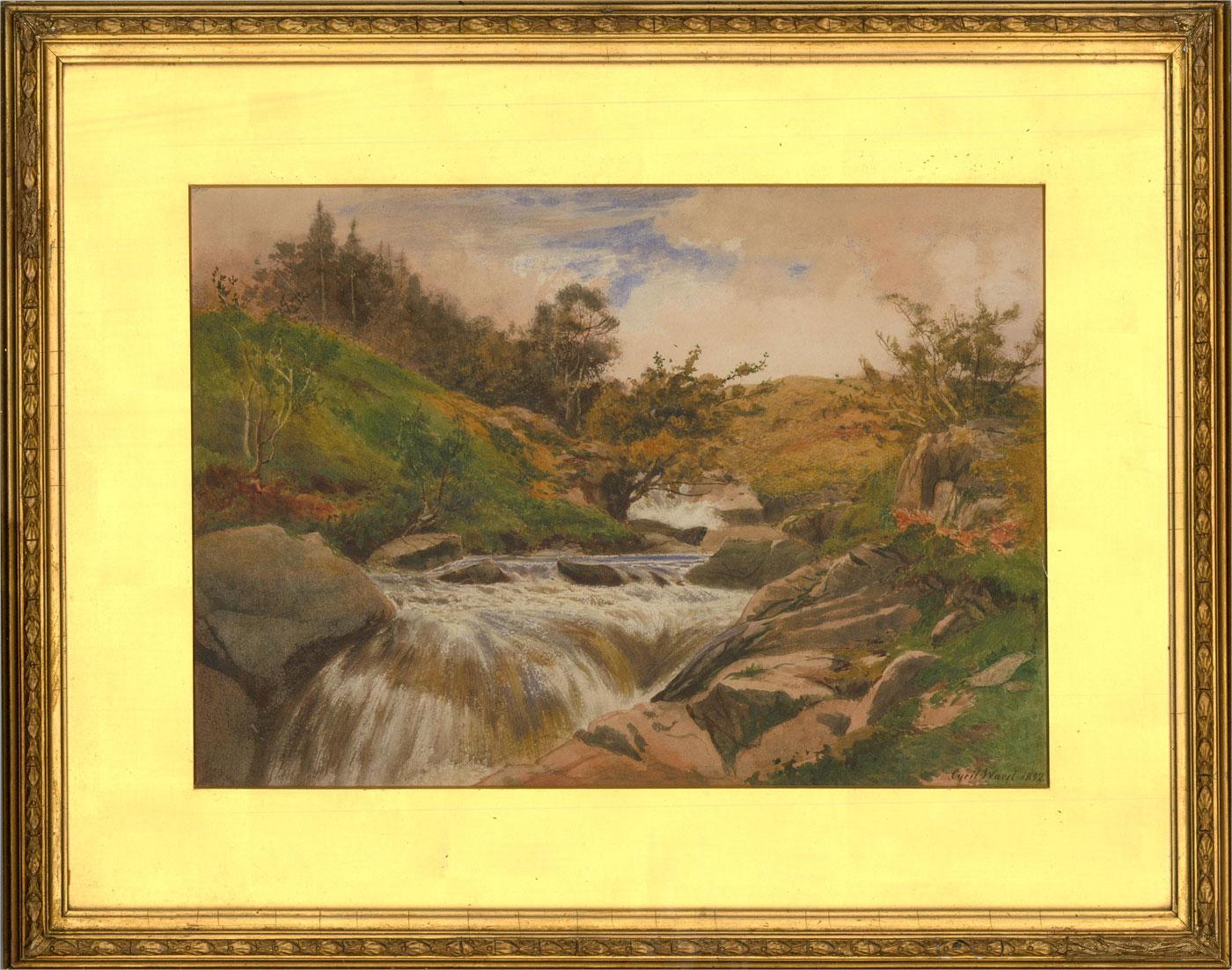 An autumnal landscape of a waterfall on Willan (or Whillan) Beck in Eskdale, Cumbria. Signed and dated to the lower-right edge. Presented glazed in a gold card mount and a gilt frame with leaf and berry detailing to the edge. Label to the verso