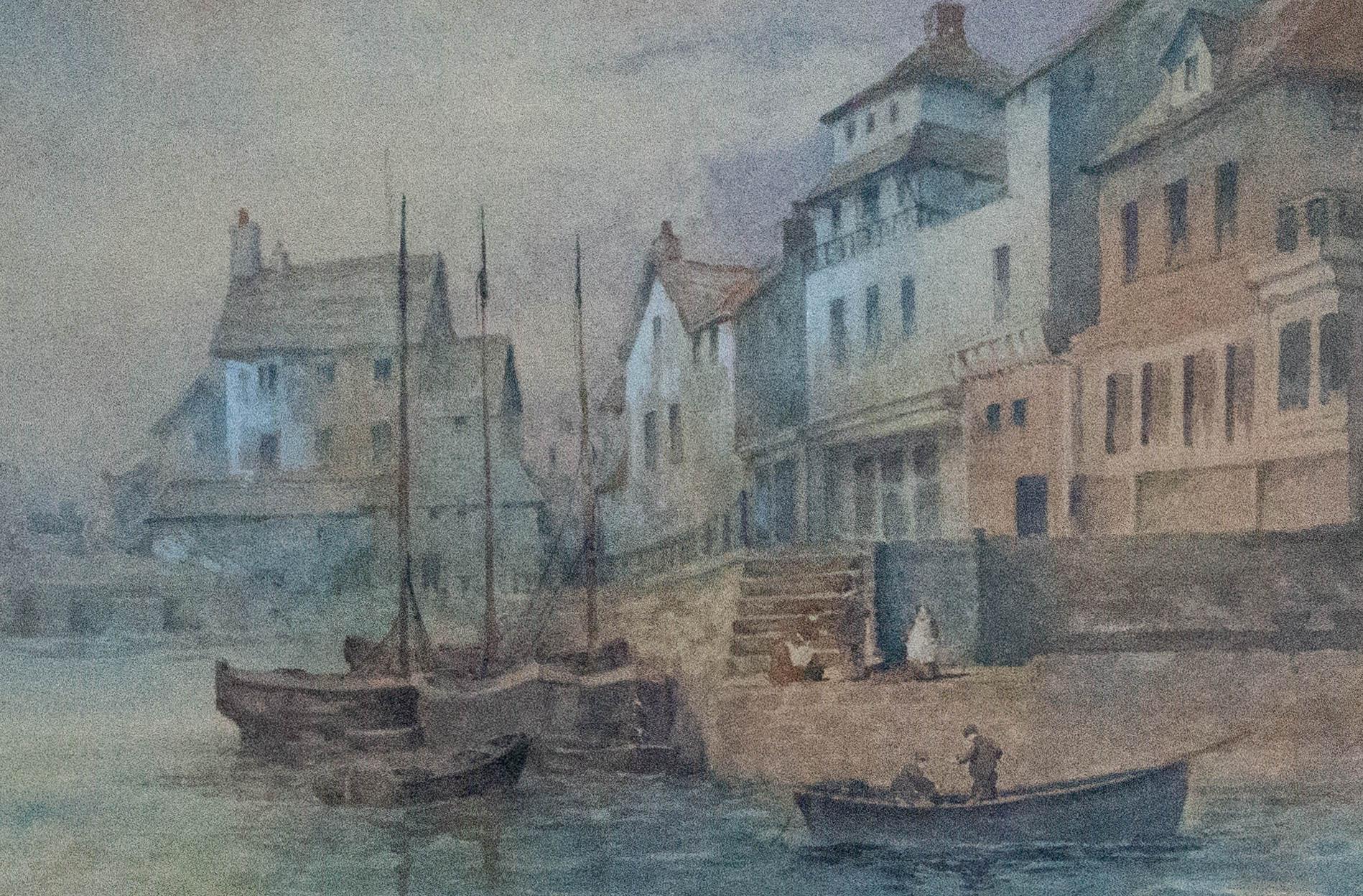 A fine watercolour showing a coastal harbour town under a grey sky. The artist has wonderfully captured the flat light of a grey day at the coast. Figures can be seen at the dockside. The artist has initialed in the lower left corner and the