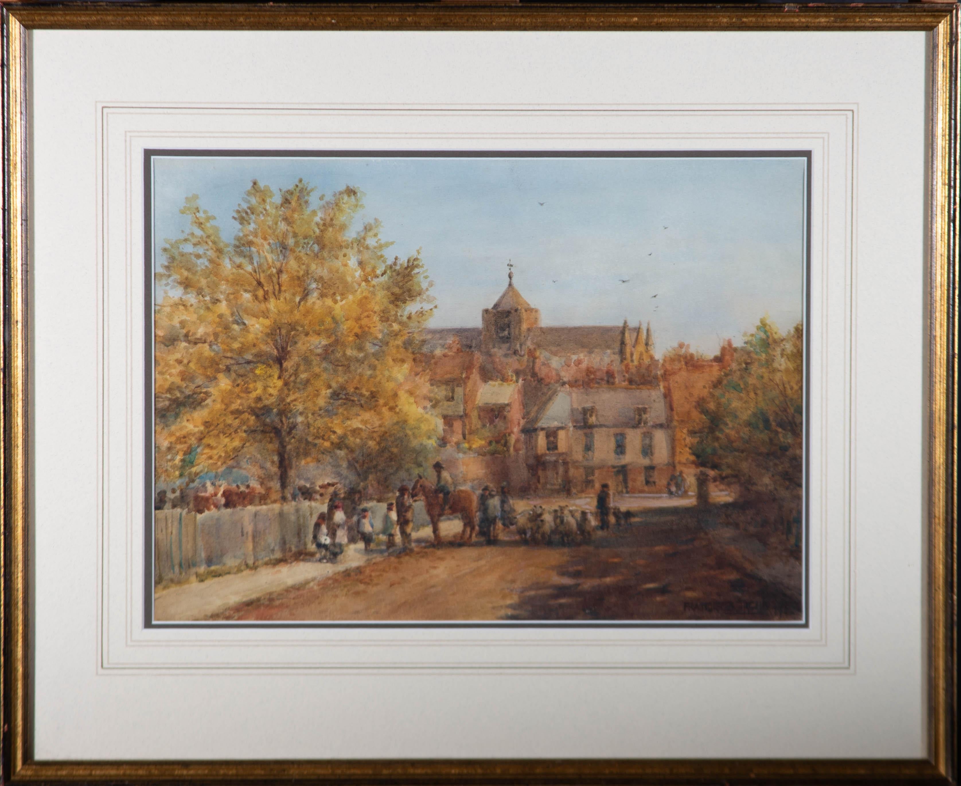 Aquarelle du début du XXe siècle - Moutons dans la rue