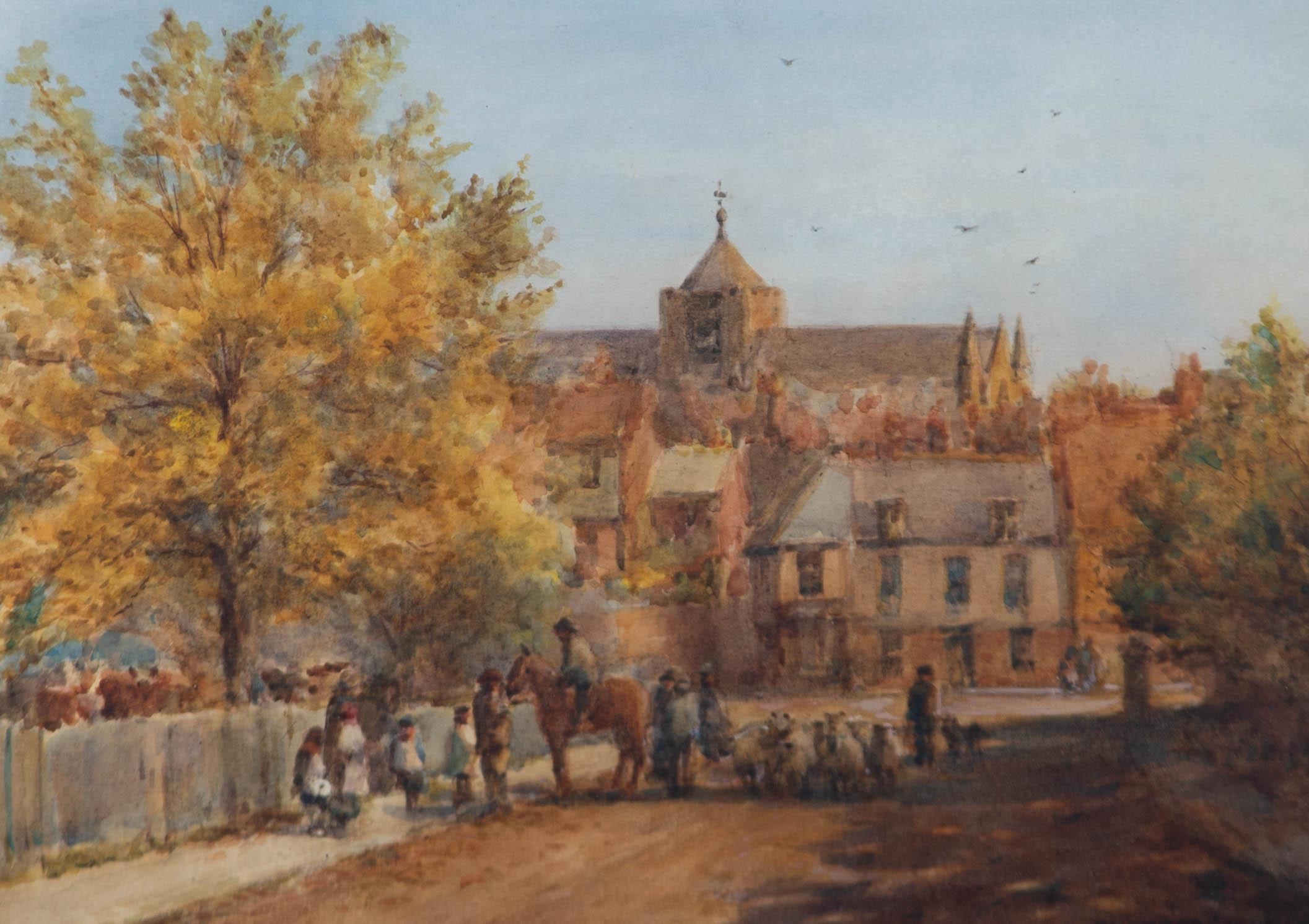 Aquarelle du début du XXe siècle - Moutons dans la rue - Art de Unknown