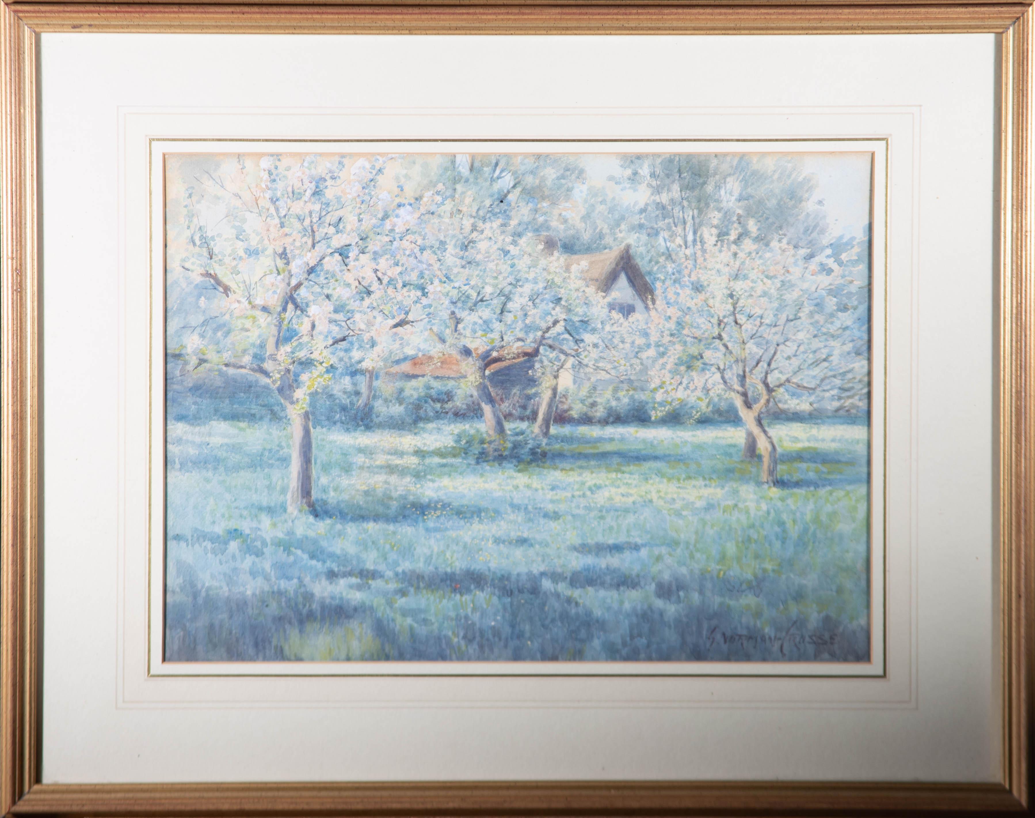 A charming and captivating watercolour painting with sgraffito by the artist George Norman-Crosse, depicting a view of an orchard in blossom. Signed to the lower right-hand corner. There is a label on the reverse inscribed with the artist's name and