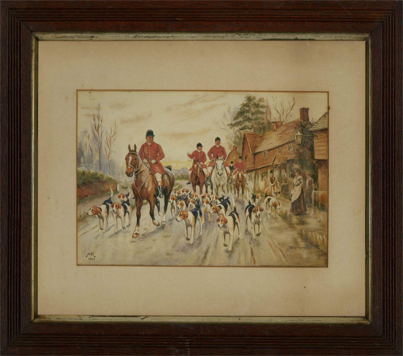 In this fine watercolour red-coated hunters and foxhounds travel to a hunt. This fantastic Edwardian hunting scene is monogrammed and dated in the bottom left-hand corner and is well presented in an oak frame with a gilded slip and a mount board. On