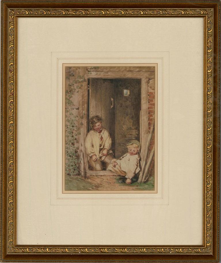 A nostalgic Victorian watercolour in the manner of Myles Birket Foster RWS (1825â€“1899). The scene shows two young children playing lazily in the doorway of a red brick barn. One holds a piece of string for a little black kitten that is hiding