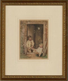 Antique Manner of Myles Birket Foster RWS -Late 19thC Watercolour, Playing With A Kitten
